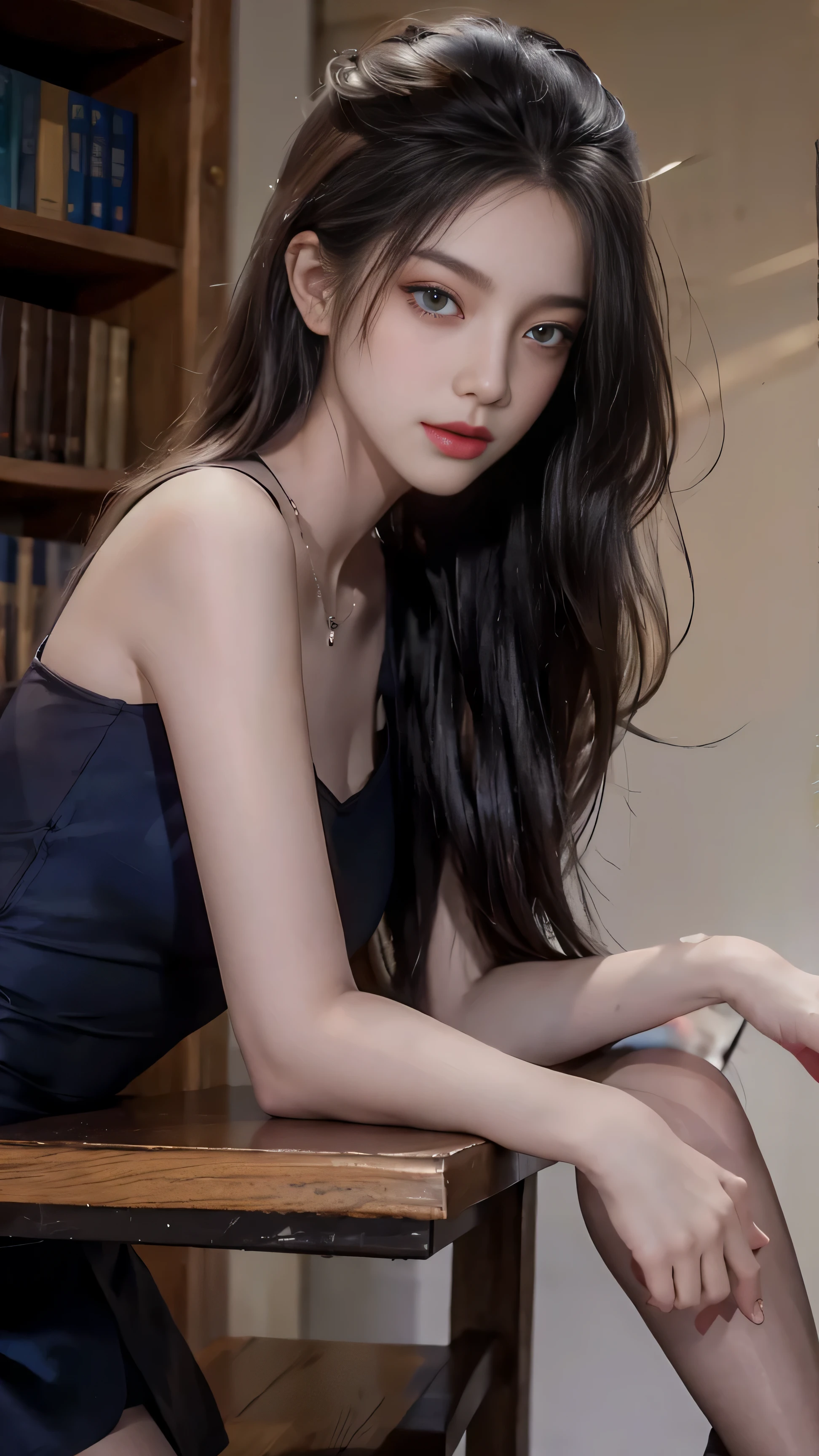 ((whole body)), ((From below)), Yushuxin,1 girl,alone, ((stand up, Leaning on the shelf)), ((Lean forward)), ((The features are clear, Clear Face, Clear Face)), Red lips, cosmetics, close, elegant pose, seductive pose, Perfect Curves, slim, sexy, Split,(Cute off-the-shoulder mini dress with embroidery), Beautiful feet, (Wearing transparent and shiny light grey pantyhose) ,Attractive gaze, Biting your lip, Disheveled long hair, Simple and casual scene, Very detailed, Ultra Clear, highest quality, Official Art, Beautiful earrings, Exquisite necklace, Very detailed description, Super beautiful painting, Sophisticated features, elegant, beautiful, Extremely fine detail, masterpiece, Authentic texture, Realistic Cinematic Lighting, masterpiece, highest quality