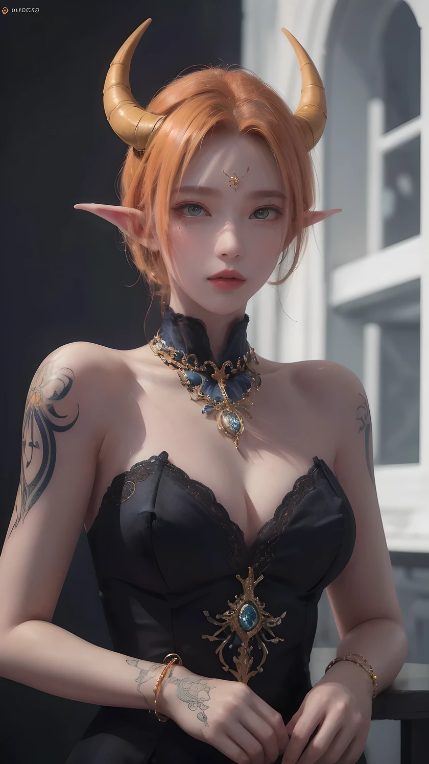 (((masterpiece))), (((best quality: 1.4))), ((Super Detail: 1.4)) , An extremely detailed gouache painting of a female tiefling, Gorgeous exotic style, Amber neon eyes:1.5,  Orange Hair, Extremely detailed facial features, Expressive face, Detailed texture, blue skin color, Tattoo, natural skin shader, Volumetric method, Warm undertones in the skin, Ultra-high resolution