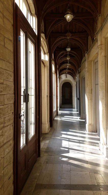A long, invisible corridor Many doors on both sides 17th century France Ancient City