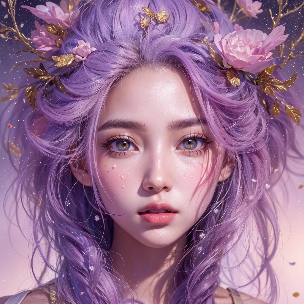 (((Single eyelid)))Snow hoop exclusion area 32K(tmasterpiece,k hd,hyper HD,32K)Long flowing purple-pink hair,Autumn Pond,zydink, a color, Tongzhou people (Girl with glowing eyes), (Thin silk scarf), Side squat position, looking at the ground, long whitr hair, Floating hair, Python headdress, Chinese long-sleeved clothing, (abstract ink splash:1.2), white backgrounid,Lotus protector(realisticlying:1.4),Purple-pink hair,Snowflakes fluttering,The background is pure, A high resolution, the detail, RAW photogr, Sharp Re, Nikon D850 Film Stock Photo by Jefferies Lee 4 Kodak Portra 400 Camera F1.6 shots, Rich colors, ultra-realistic vivid textures, Dramatic lighting, Unreal Engine Art Station Trend, cinestir 800,Long flowing purple-pink hair,((masterpiece)). This artwork is sweet, dreamy and ethereal, with soft pink watercolor hues and candy accents. Generate a delicate and demure fae exploring a (bubblegum world with a wide variety of pastel shades). Her sweet face is extremely detailed and realistic with elegant features and a fierce expression, and looks like ((((naomi scott)))). Include mature features and stunning, highly realistic eyes. Her eyes are important and should be realistic, highly detailed, and beautiful. In high definition and detail, include lots of details like stars, galaxies, colorful bubbles, colorful petals, and lots of energy and emotion! The stars and colorful bubblegum bubbles are important! Include fantasy details, enhanced details, iridescence, colorful glittering wind, and pollen. Pay special attention to her face and make sure it is beautifully and realistically detailed. The image should be dreamy and ethereal.8k, intricate, elegant, highly detailed, majestic, digital photography