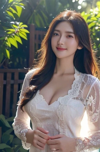 Medium close-up, (white kebaya )、(luxury kebaya ),(top-quality,​masterpiece:1.3,超A high resolution,),(ultra-detailliert,Caustics),(Photorealsitic:1.4,RAW shooting,), Cute and lovely Korean girl, realistic, ultra detail
 standing in a garden with a scarf, blushy smile, (bulged large breast), (ample cleavage),dark-haired, long messy hair, (depth of fields、chromatic abberation、Wide range of lighting、Natural Shading、 look at camera、