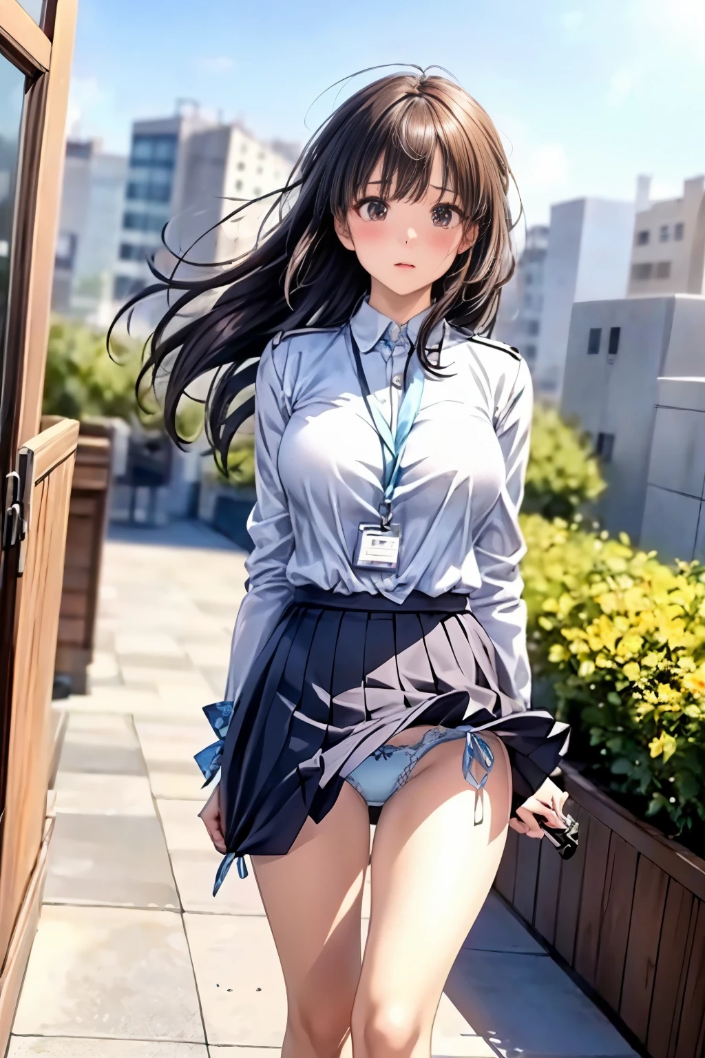(masterpiece, highest quality, High resolution, 超High resolution, Perfect Pixel, Depth of written boundary, 4K, RTTX 10.0, High resolution))), (One woman:1.3), Beautiful Anime Women, Beautiful art style, Anime characters, ((Detailed face:1.2)), ((Smooth texture:0.75, Realistic texture:0.5, Anime CG Style)), (Maximum resolution: 1.2), Cinema Lighting, ((highest quality)), ((masterpiece)), (High resolution), 8K, Best Shadow, The best natural light, Cinematic, 1 Female,brown hair,Beautiful breasts, (sweater:1.2),Pleated skirt,Stylish,(Look forward)(((Blushing、Surprised expression, Embarrassed expression)), (Office rooftop:1.3), (Skirt flipped up by strong wind:1.3), (A perfect skirt of uniform length:1.4), (Stylish light blue side-tie satin lace panties:1.3), Skirt tug, (staff identity card:1.3)