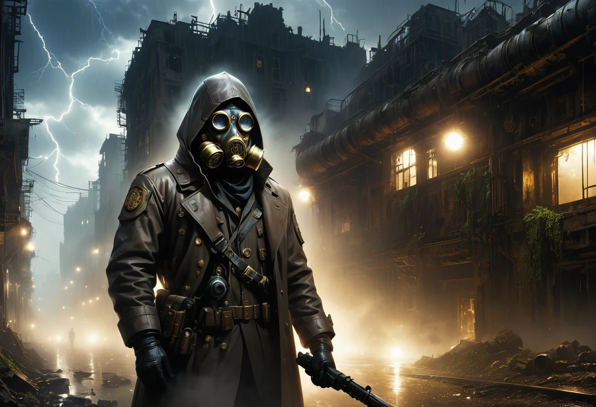 戴着Gas Mask的白袍男子穿过被毁坏的城市，Heavy rain(illumination,The City of Doom,abandoned,dystopia,Futurism,Dark atmosphere,Overgrown vegetation,deserted street,Crumbling building,black wall,broken windows,There are pieces everywhere,create desolation、chaotic atmosphere. ),[Steampunk survivor,Gas Mask,Trench coat,Brass decoration,cogs and gears,]，The sky is dark,heavily clouded,Dazzling lightning,despair,Unforgettable Silence,lost hope,Epidemic of disease.Sepia color palette,Strong contrast,Mood lighting.(best quality,high resolution,masterpiece:1.2)，background fog， high resolution， detail， RAW photos， Sharp Reinsurance， Nikon D850 Film Photo by Jefferies Lee 4 Kodak Portra 400 Camera F1.6 Guns, Rich colors, Ultra-realistic and vivid textures, Dramatic Lighting, Unreal Engine Art Station Trends, Sinester 800，