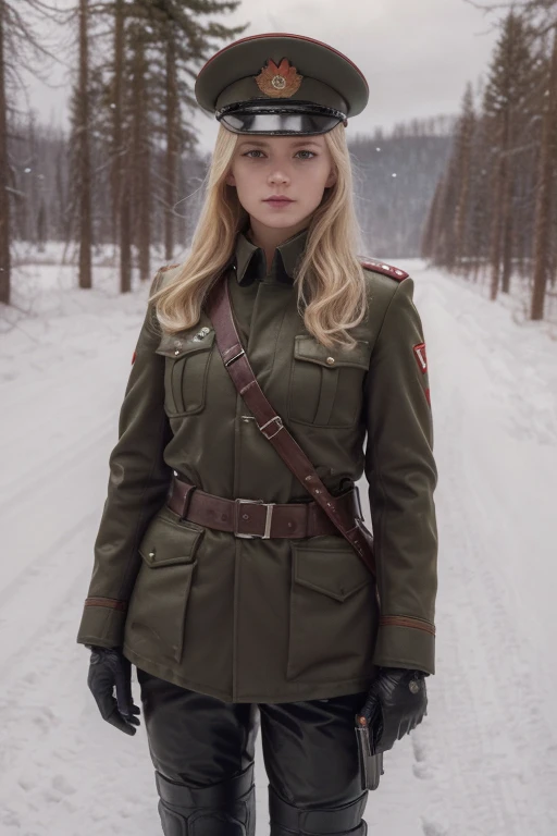 Beautiful young Soviet soldier woman, Latvian face, military hairstyle blonde hair, military hat, gloved hands, dark red uniform with black details, wears a pistol, belt with ammunition and transmitter, military boots, stands in a Polish forest, snowy day, red sky, 4k, Ultra detailed image, realistic, Highly detailed, perfect composition, splendid, Intricately detailed, incredibly detailed, Art photography 8K, hyper detailed, Masterpiece, Ultra detailed, hyper realistic, 4k, Ultra detailed image, realistic, Highly detailed , perfect composition, splendid, Intricately detailed, incredibly detailed, 8k fine art photography, hyper detailed, Masterpiece