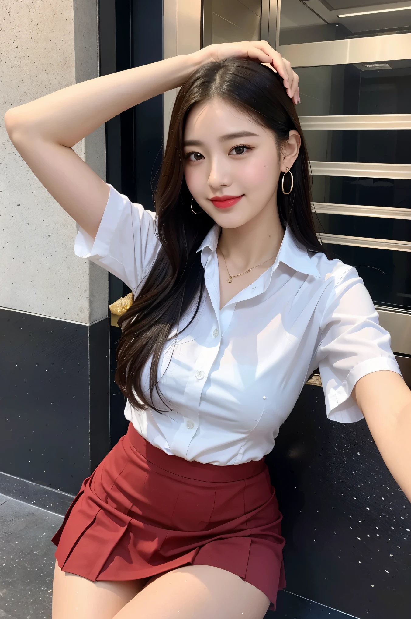 (8k), (highest quality: 1.2), (Realistic), (Realistic: 1.37), Ultra-high resolution, 1 girl, cute, smile, Mouth closed, (Red Lip),Beautiful details, Beautiful Nose, whole body, Wet Hair, Giant Dulcefo, pork, , Oily thighs,Selfie,,White short sleeve oversized dress shirt,(Navy Pleated Skirt),School,(Red cheeks),Three earrings,Thin bracelet,Lift your arm and you can see your armpit