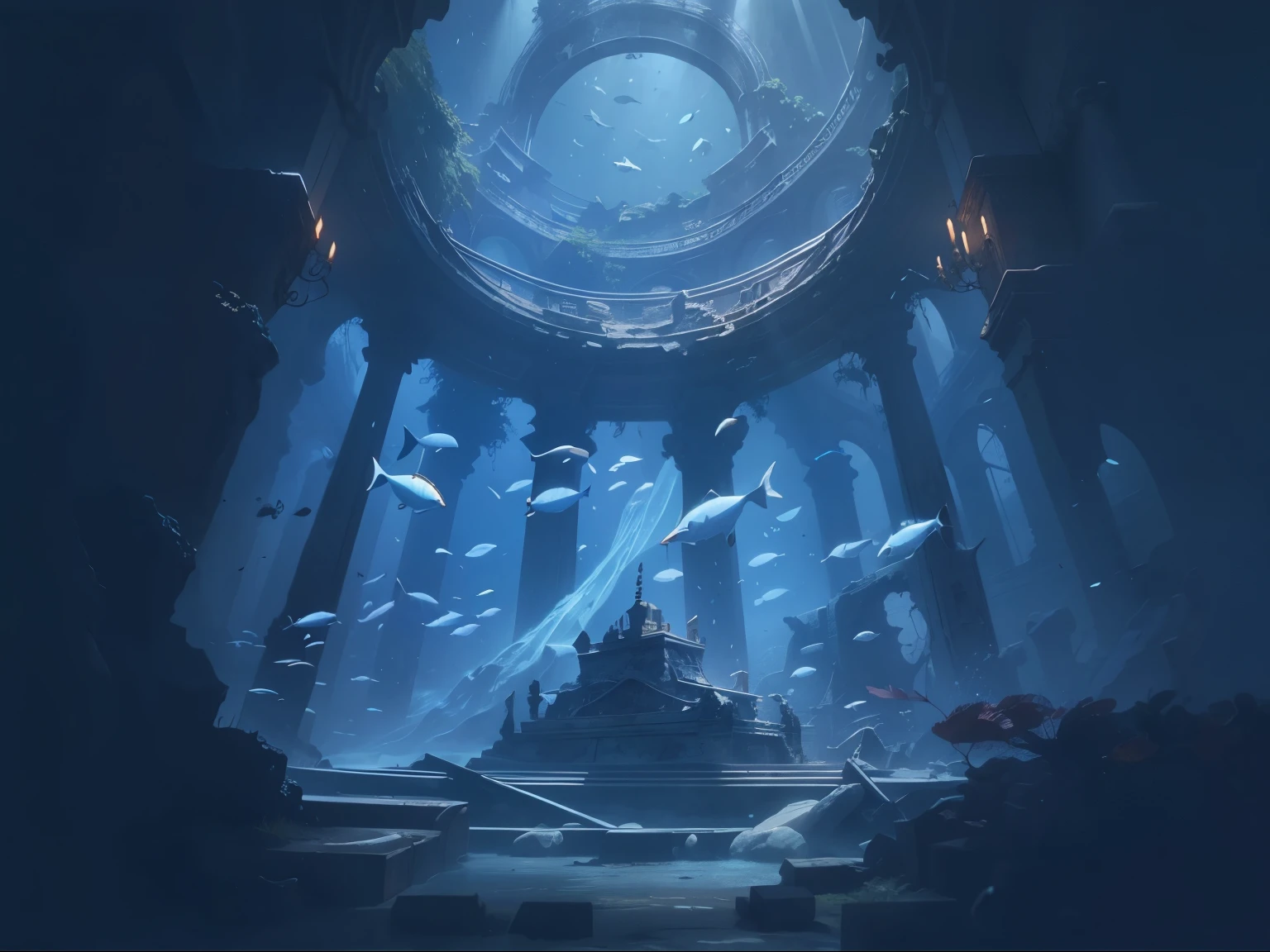 The remains of an underwater palace,In the middle of the ruins is a dusty treasure chest,There is a stream of energy surrounding it.,There are a few schools of fish swimming around,Secret environment,High quality details,8K