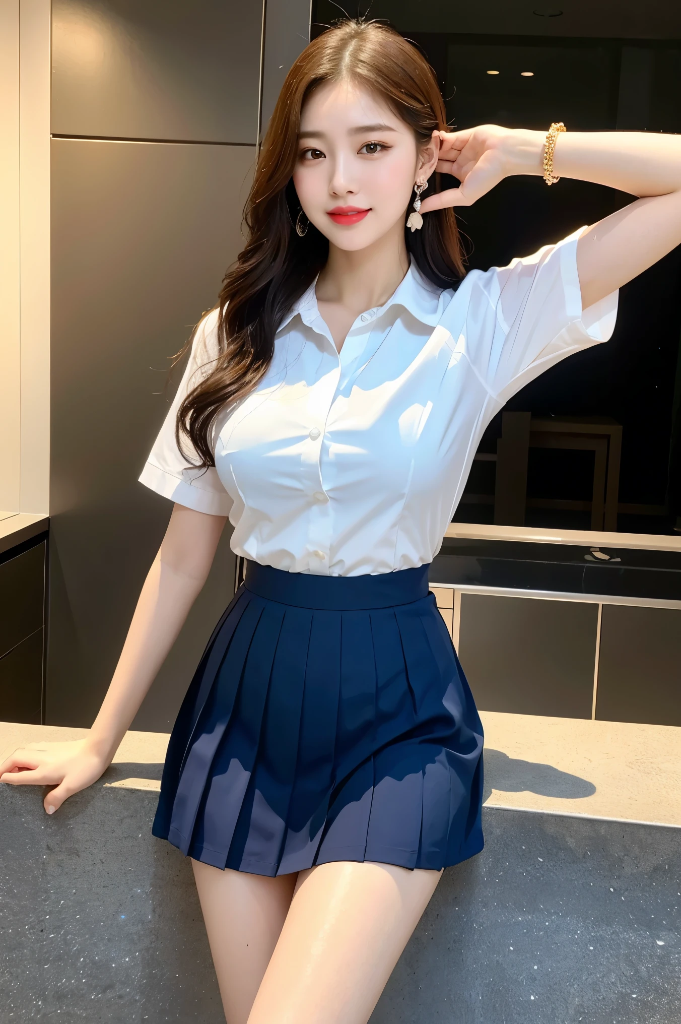 (8k), (highest quality: 1.2), (Realistic), (Realistic: 1.37), Ultra-high resolution, 1 girl, cute, smile, Mouth closed, (Red Lip),Beautiful details, Beautiful Nose, whole body, Wet Hair, Giant Dulcefo, pork, , Oily thighs,Selfie,,White short sleeve oversized dress shirt,(Navy Pleated Skirt),School,(Red cheeks),Three earrings,Thin bracelet,Lift your arm and you can see your armpit