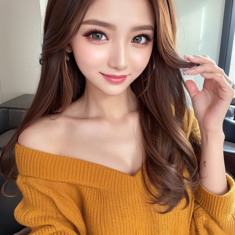 ((highest quality, Tabletop, Ultra-high resolution、The most complex and detailed depiction))、(Bright lighting:1.1)、(spring-like clothes)、(Beautiful woman:1.1)、(Long Wavy Hair:1.05), (Accurate anatomy:1.1)、Colored contact lenses、Perfect Makeup、Natural Lip、Highly saturated eyeshadow、A loose off-the-shoulder knit、Short skirt、blurred background, look at me and smile、Luxury Room、(Face close-up:1.1)、(Ultra-high resolution光沢, Fair skin:1.1)、Ultra-high resolutionの顔、Ultra-high resolutionの髪、Ultra-high resolution sparkling eyes、Ultra-high resolution glossy lips、(Brightly lit white skin:1.1)、Beautiful face drawn in every detail、Ultra-high resolution perfect beautiful teeth、(Bright and vivid:1.1), whole body