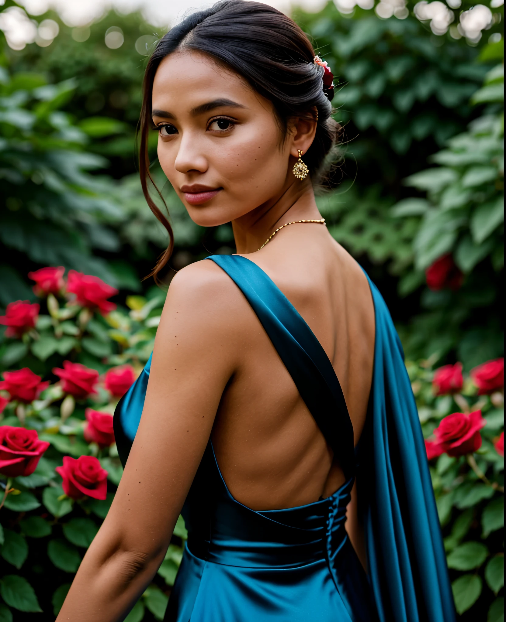 portrait of a serene woman, mt-lyodraginting, wearing a blue silk gown, and standing in front of a tranquil rose garden. BREAK award winning, a23, high budget, masterpiece, best quality, ultra-detailed, ultra high res, (photorealistic:1.4), raw photo, 8k HDR, 1girl, bokeh, f1.4, 50mm, photorealistic, raw, 8k, textured skin, skin pores, intricate details dstyle, RAW candid cinema, 16mm, color graded portra 400 film, remarkable color, ultra realistic, textured skin, remarkable detailed pupils, realistic dull skin noise, visible skin detail, skin fuzz, dry skin, shot with cinematic camera