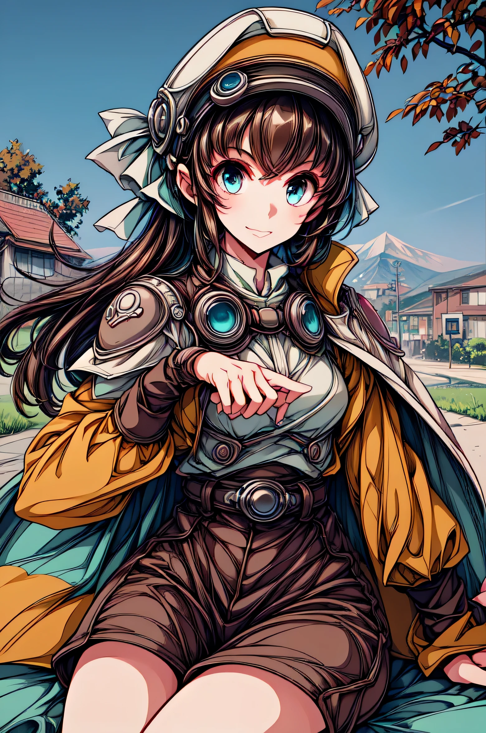 Marguerite Fatima, best quality, best quality, ultra-detailed, highres,sharp focus,(ultra detailed,extremely detailed), 1girl,(masterpiece, best quality), intricate eyes,beautiful detailed eyes,symmetrical eyes,big eyes:1.5, (ultra detailed,extremely detailed),(photorealistic artwork:1.37),(extremely detailed CG unity 8k wallpaper),(((vibrant colors,vibrant theme))),(intricate),(masterpiece),(best quality), masterpiece, Tanned Skin, kino \(kino no tabi\), outdoors, goggles on head, smiling, long sleeves, hat, jacket, white shirt, belt, tree, coat, brown jacket, fur hat, goggles on headwear, leather belt, goggles, outdoors, cowboy shot, sitting
