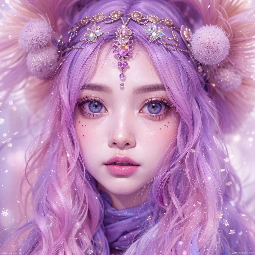 (((Single eyelid)))Snow hoop exclusion area 32K(tmasterpiece,k hd,hyper HD,32K)Long flowing purple-pink hair,Autumn Pond,zydink, a color, Tongzhou people (Girl with glowing eyes), (Thin silk scarf), Side squat position, looking at the ground, long whitr hair, Floating hair, Python headdress, Chinese long-sleeved clothing, (abstract ink splash:1.2), white backgrounid,Lotus protector(realisticlying:1.4),Purple-pink hair,Snowflakes fluttering,The background is pure, A high resolution, the detail, RAW photogr, Sharp Re, Nikon D850 Film Stock Photo by Jefferies Lee 4 Kodak Portra 400 Camera F1.6 shots, Rich colors, ultra-realistic vivid textures, Dramatic lighting, Unreal Engine Art Station Trend, cinestir 800,Long flowing purple-pink hair,((masterpiece)). This artwork is sweet, dreamy and ethereal, with soft pink watercolor hues and candy accents. Generate a delicate and demure fae exploring a (bubblegum world with a wide variety of pastel shades). Her sweet face is extremely detailed and realistic with elegant features and a fierce expression, and looks like ((((naomi scott)))). Include mature features and stunning, highly realistic eyes. Her eyes are important and should be realistic, highly detailed, and beautiful. In high definition and detail, include lots of details like stars, galaxies, colorful bubbles, colorful petals, and lots of energy and emotion! The stars and colorful bubblegum bubbles are important! Include fantasy details, enhanced details, iridescence, colorful glittering wind, and pollen. Pay special attention to her face and make sure it is beautifully and realistically detailed. The image should be dreamy and ethereal.8k, intricate, elegant, highly detailed, majestic, digital photography