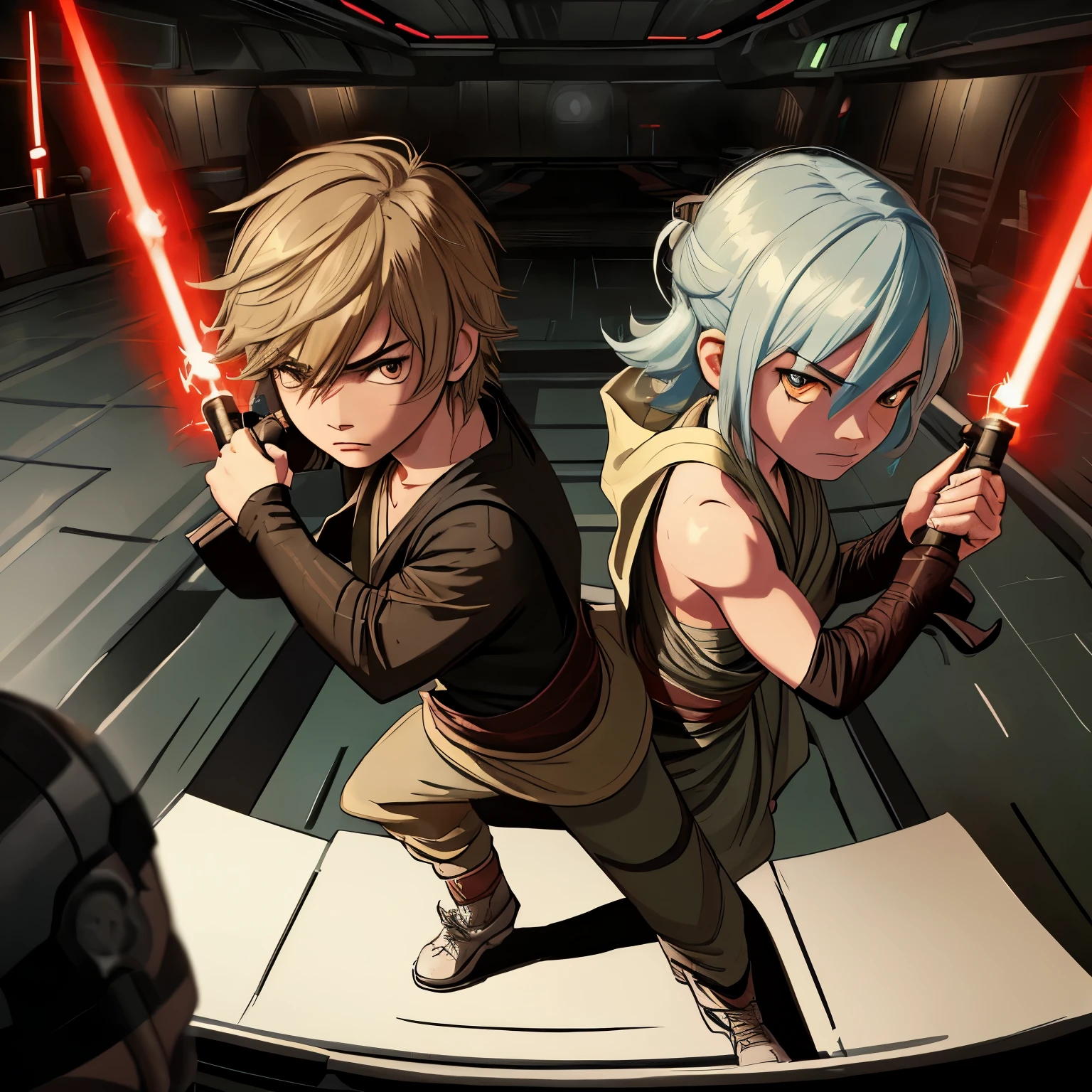 [star wars],(fight),(two lightsaber),(boy jedi vs girl sith fight),correct hands,correct fingers,correct position,correct lightsaber,correct eyes,correct mouth,correct legs,correct arms,correct face,correct posture