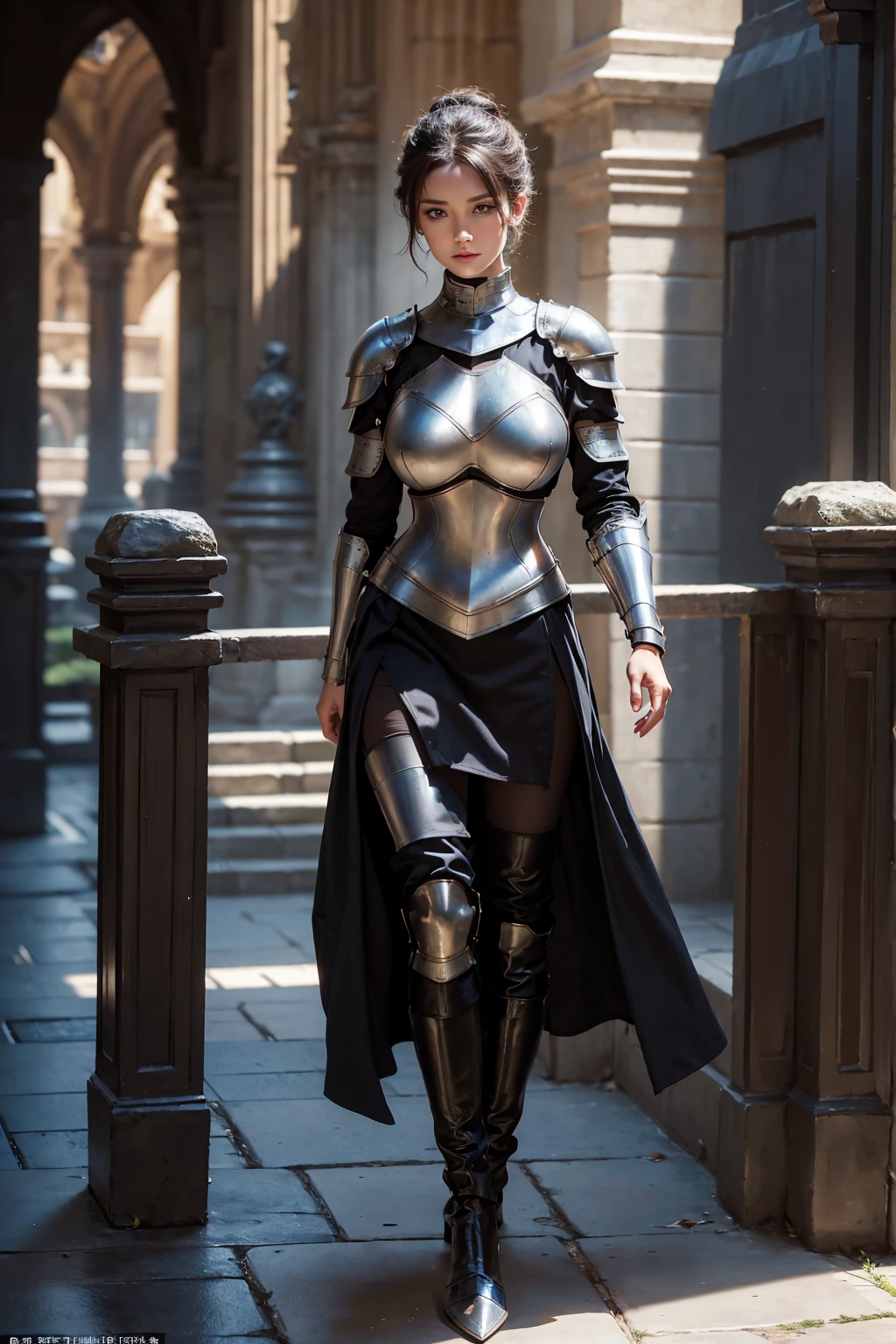 (((full image:1.5, show full body, standing:1.8, facing viewer, the front body facing directly to the front of camera, show body from head to toe))), huge breast:1.5, tall body, fit body, pale skin, beautiful woman, ((standing perfectly)), a woman wearing leather armor, show leather boots, short hair with updo. knight, medieval knight, warrior, chest armor, luxury pattern armor. High quality:1.3, Professional lighting:2.0, realistic:1.2, 4k resolution, detailed skin, finely detail, masterpiece:1.1, ((best quality)), centered image, detailed everything, outdoor.
