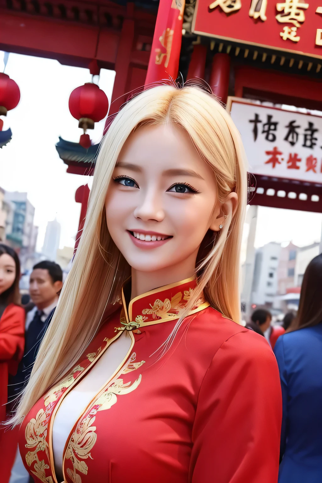 Red china clothes、Gal、Blonde、blue eyes、smile、Upper body close-up、Chinatown in the background