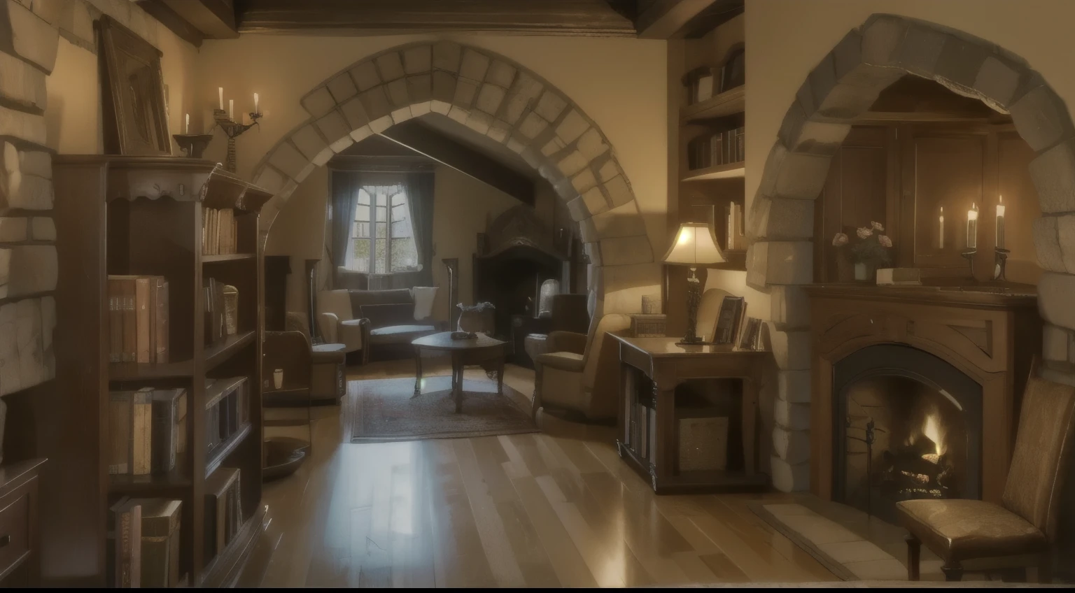 a cozy castle room, bookshelf, fireplace, old furniture