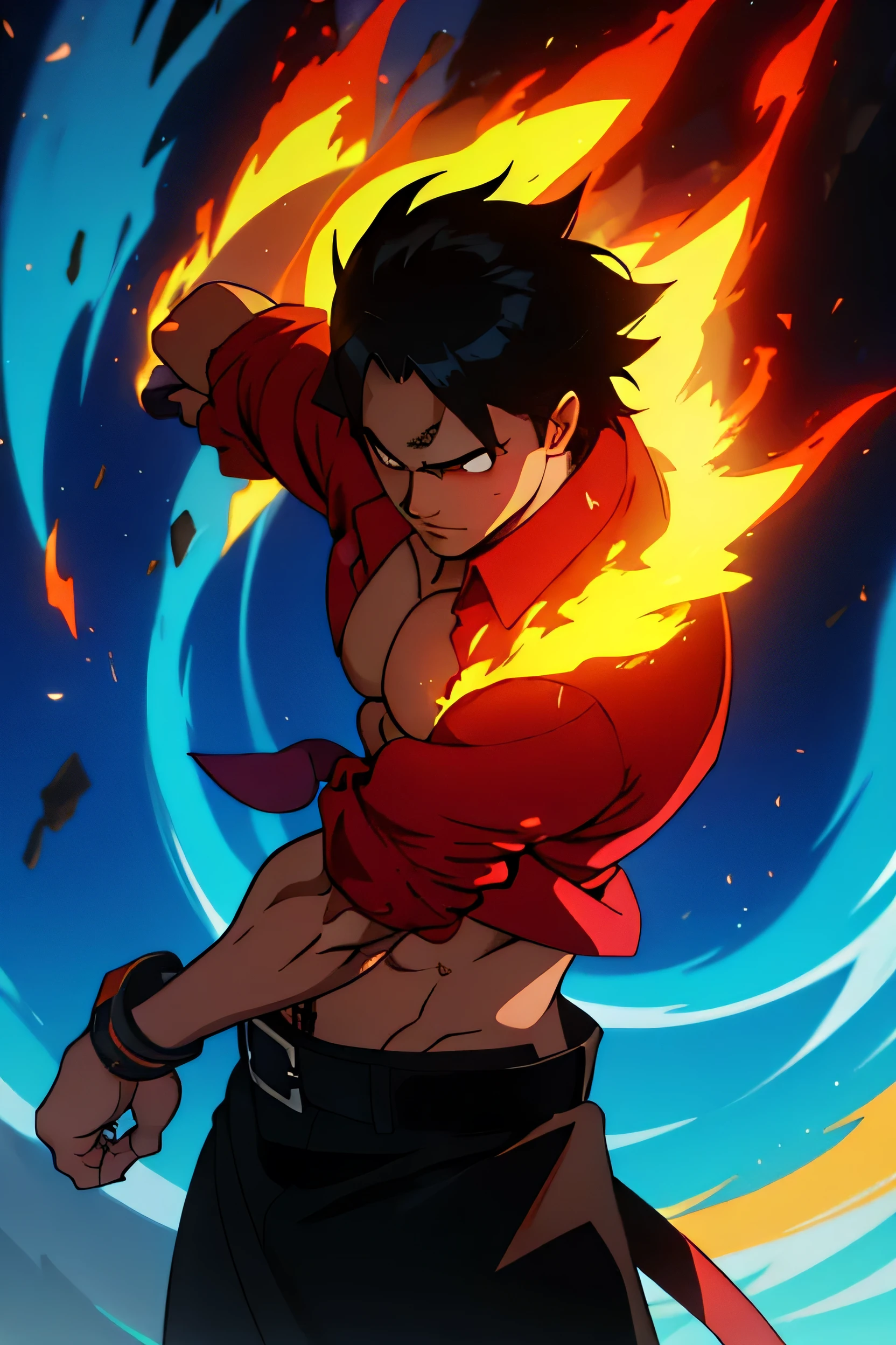 anime chico rubio, descamisado, chaqueta negra, pelos medianos, muscles, poderes de fuego, estilo anime 2d, 4k, blue aura, Brown leather