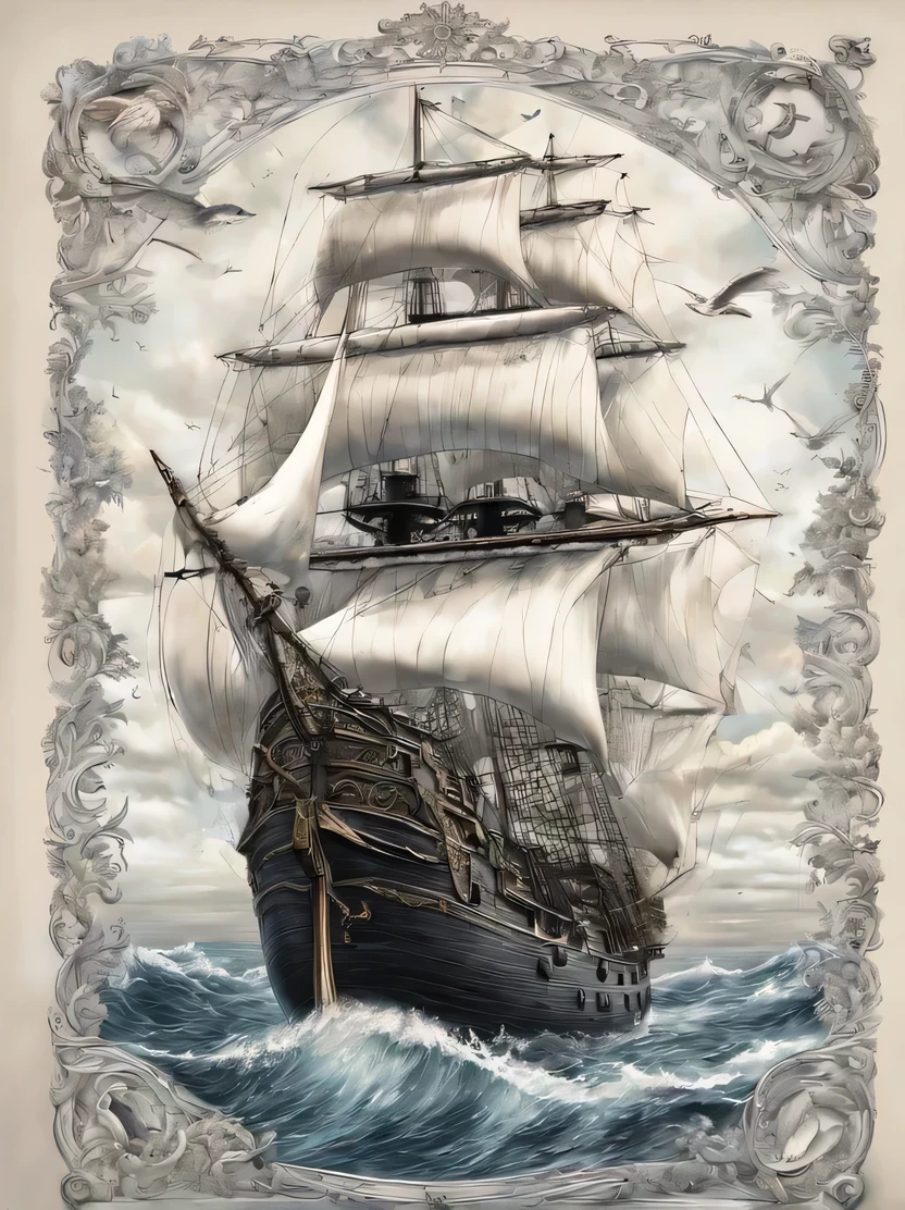 ((masterpiece、highest quality、Genuine、Very detailed、High resolution、Sharp focus、Cinematic lighting))、((There are no people))、Detailed cover artwork、Awesome Wallpapers、High waves、Midday、Three-masted ship、Four-corner sail、Old pirate ship、Gothic sea ship、Highly detailed digital art、Detailed painting