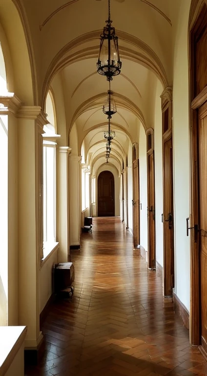 A long, wide corridor with no end in sight Many doors on both sides 17th century French castle style
