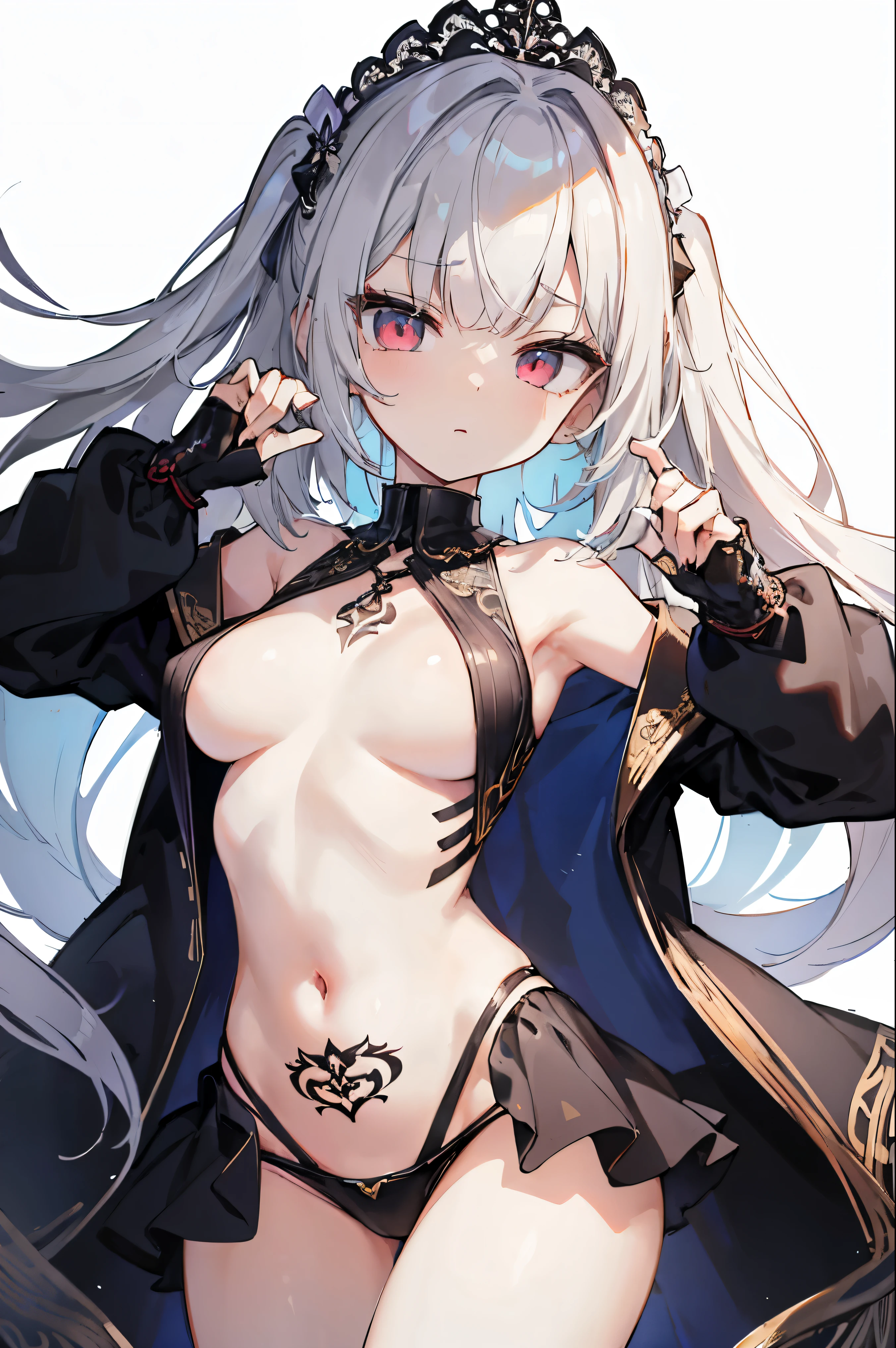 1girl, anime, cute girl, blank background, white background, fantasy, detailed fantasy dress with highlights, beautiful face, beautiful eyes, dark colors, black hair with multicolor streaks, red eye with different color pupil in eye, multicolor eye, medium small breasts (slightly big), slight cleavage, beautiful skin, cute, breast curtains, extremely delicate and beautiful, (beautiful detailed face:1.0), (detailed deep eyes), symmetrical breasts, deep eyes, shiny skin, portrait, slender waist, hips wider than shoulders, thighs, expressionless, young girl, luminous eyes, adorable，（Kpop idol）,（aegyo sal：1），（Platinum blonde hair：1），（（puffy eye）），Black panty，sexy posture，Superskirt, Ultra-high resolution，Black collar，slim figure, Abdominal y tattoo, womb tattoo，Tight-fitting leg ring，y tattoo on half-body，Bare skin, Armored hand，Hidden fingertips，Hand covered，Arm covered，Fist covered,{{beautiful detailed fingers}}, tufts of hair, moderate beautiful breast:1.0,(masterpiece:1.2), best quality, high-res, HDR, perfect face, intricate armor, delicate blue filigree, intricate filigree, red metalic parts, detailed part, dynamic pose, dynamic lights, cute face, neutral expression