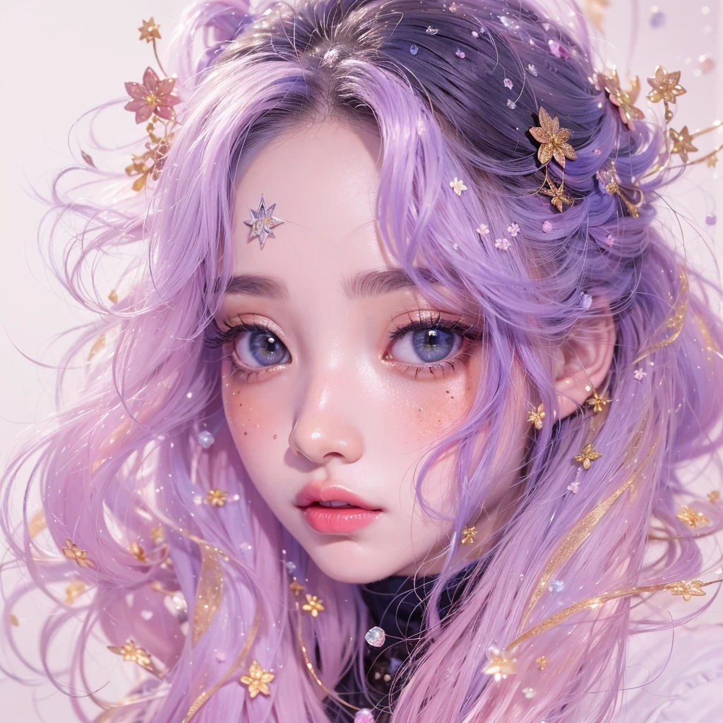 (((Single eyelid)))Snow hoop exclusion area 32K(tmasterpiece,k hd,hyper HD,32K)Long flowing purple-pink hair,Autumn Pond,zydink, a color, Tongzhou people (Girl with glowing eyes), (Thin silk scarf), Side squat position, looking at the ground, long whitr hair, Floating hair, Python headdress, Chinese long-sleeved clothing, (abstract ink splash:1.2), white backgrounid,Lotus protector(realisticlying:1.4),Purple-pink hair,Snowflakes fluttering,The background is pure, A high resolution, the detail, RAW photogr, Sharp Re, Nikon D850 Film Stock Photo by Jefferies Lee 4 Kodak Portra 400 Camera F1.6 shots, Rich colors, ultra-realistic vivid textures, Dramatic lighting, Unreal Engine Art Station Trend, cinestir 800,Long flowing purple-pink hair,((masterpiece)). This artwork is sweet, dreamy and ethereal, with soft pink watercolor hues and candy accents. Generate a delicate and demure fae exploring a (bubblegum world with a wide variety of pastel shades). Her sweet face is extremely detailed and realistic with elegant features and a fierce expression, and looks like ((((naomi scott)))). Include mature features and stunning, highly realistic eyes. Her eyes are important and should be realistic, highly detailed, and beautiful. In high definition and detail, include lots of details like stars, galaxies, colorful bubbles, colorful petals, and lots of energy and emotion! The stars and colorful bubblegum bubbles are important! Include fantasy details, enhanced details, iridescence, colorful glittering wind, and pollen. Pay special attention to her face and make sure it is beautifully and realistically detailed. The image should be dreamy and ethereal.8k, intricate, elegant, highly detailed, majestic, digital photography