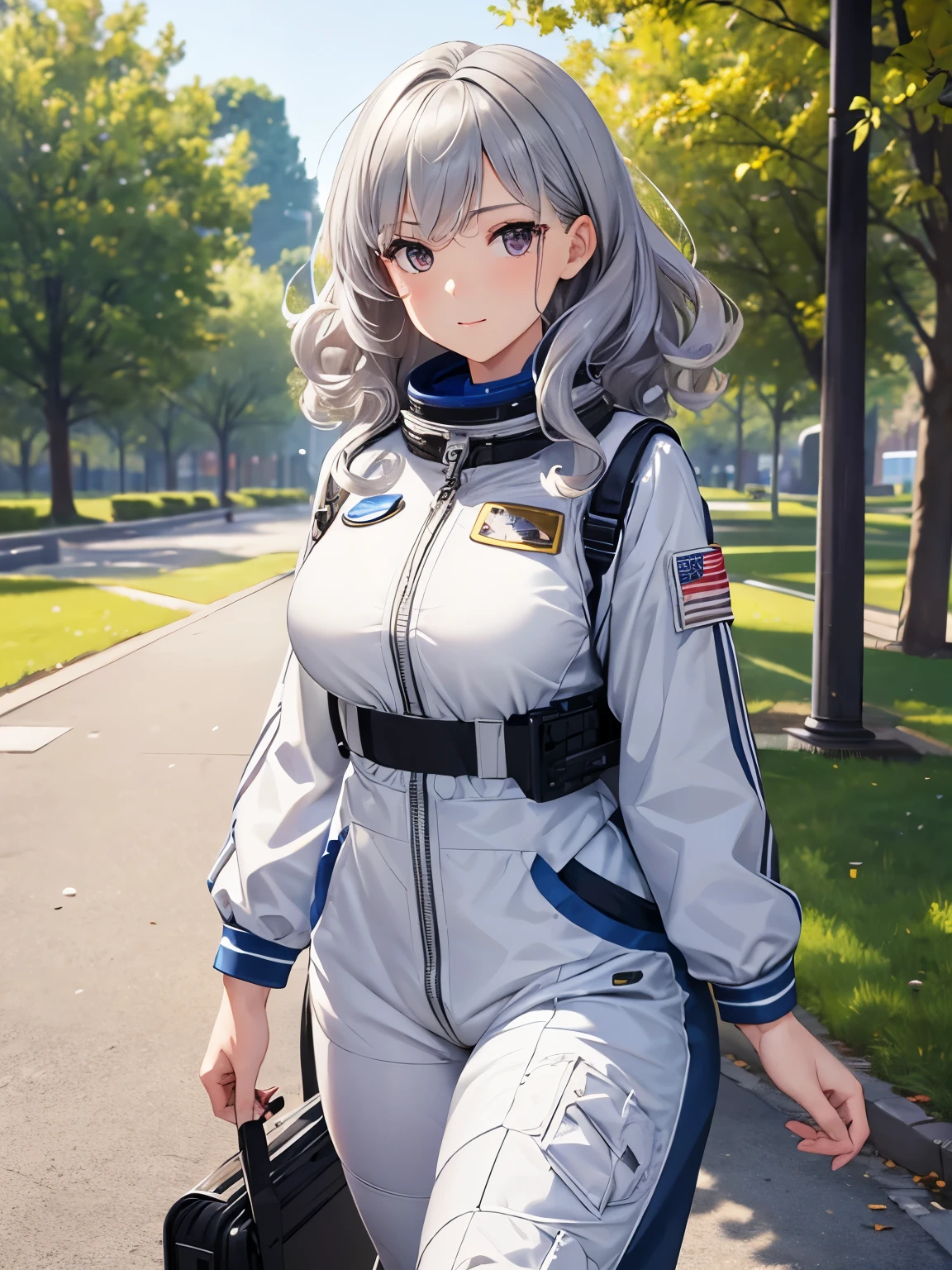 1 adult woman, mature face,adult woman,curly hair, silver hair, silver eyes, medium hair, astronaut uniform, 29 years old, walking in the park, looking at the viewer, half body photo, ultra detail, ultra Hd