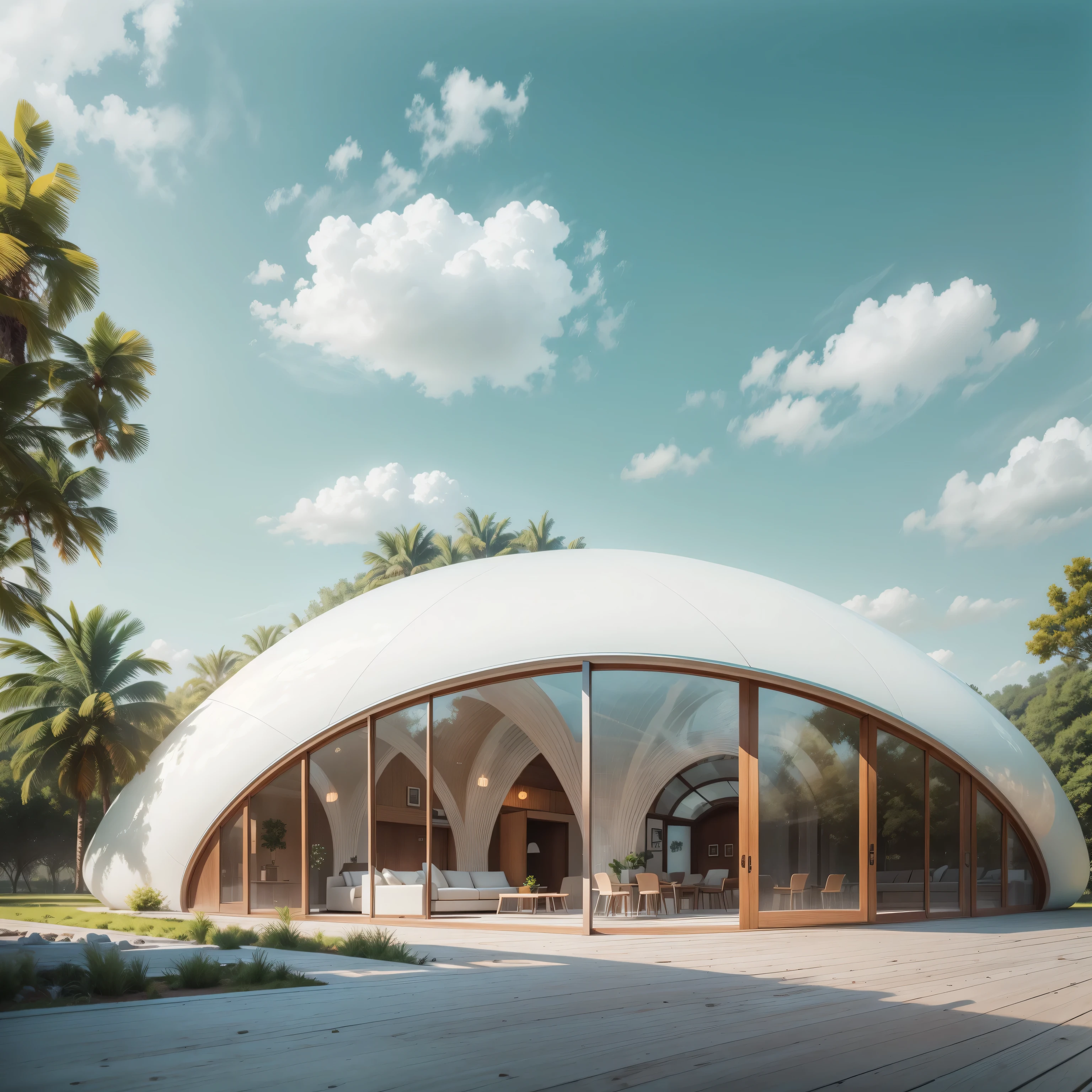 There is a white building,With glass doors and wooden floors, Circular Building, dome, by Zha Shibiao, Architectural Rendering, foster and partners, Architectural Renderinging, norman foster style, Wide Angle Exterior 2022, Moonlight Rendering, Detailed rendering, Architectural Visualization, Realistic rendering, architectural rendering, Highly photographic rendering