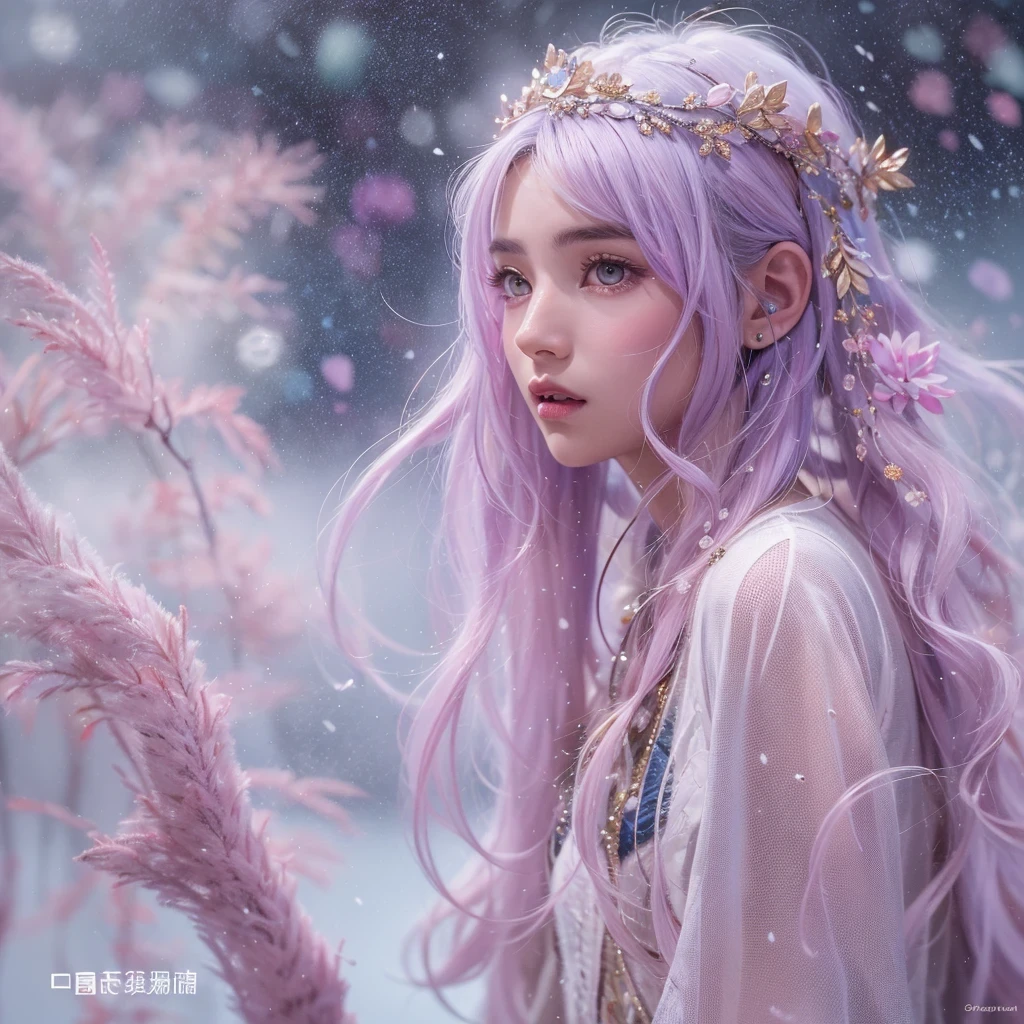 (((Single eyelid)))Snow hoop exclusion area 32K(tmasterpiece,k hd,hyper HD,32K)Long flowing purple-pink hair,Autumn Pond,zydink, a color, Tongzhou people (Girl with glowing eyes), (Thin silk scarf), Side squat position, looking at the ground, long whitr hair, Floating hair, Python headdress, Chinese long-sleeved clothing, (abstract ink splash:1.2), white backgrounid,Lotus protector(realisticlying:1.4),Purple-pink hair,Snowflakes fluttering,The background is pure, A high resolution, the detail, RAW photogr, Sharp Re, Nikon D850 Film Stock Photo by Jefferies Lee 4 Kodak Portra 400 Camera F1.6 shots, Rich colors, ultra-realistic vivid textures, Dramatic lighting, Unreal Engine Art Station Trend, cinestir 800,Long flowing purple-pink hair,((masterpiece)). This artwork is sweet, dreamy and ethereal, with soft pink watercolor hues and candy accents. Generate a delicate and demure fae exploring a (bubblegum world with a wide variety of pastel shades). Her sweet face is extremely detailed and realistic with elegant features and a fierce expression, and looks like ((((naomi scott)))). Include mature features and stunning, highly realistic eyes. Her eyes are important and should be realistic, highly detailed, and beautiful. In high definition and detail, include lots of details like stars, galaxies, colorful bubbles, colorful petals, and lots of energy and emotion! The stars and colorful bubblegum bubbles are important! Include fantasy details, enhanced details, iridescence, colorful glittering wind, and pollen. Pay special attention to her face and make sure it is beautifully and realistically detailed. The image should be dreamy and ethereal.8k, intricate, elegant, highly detailed, majestic, digital photography