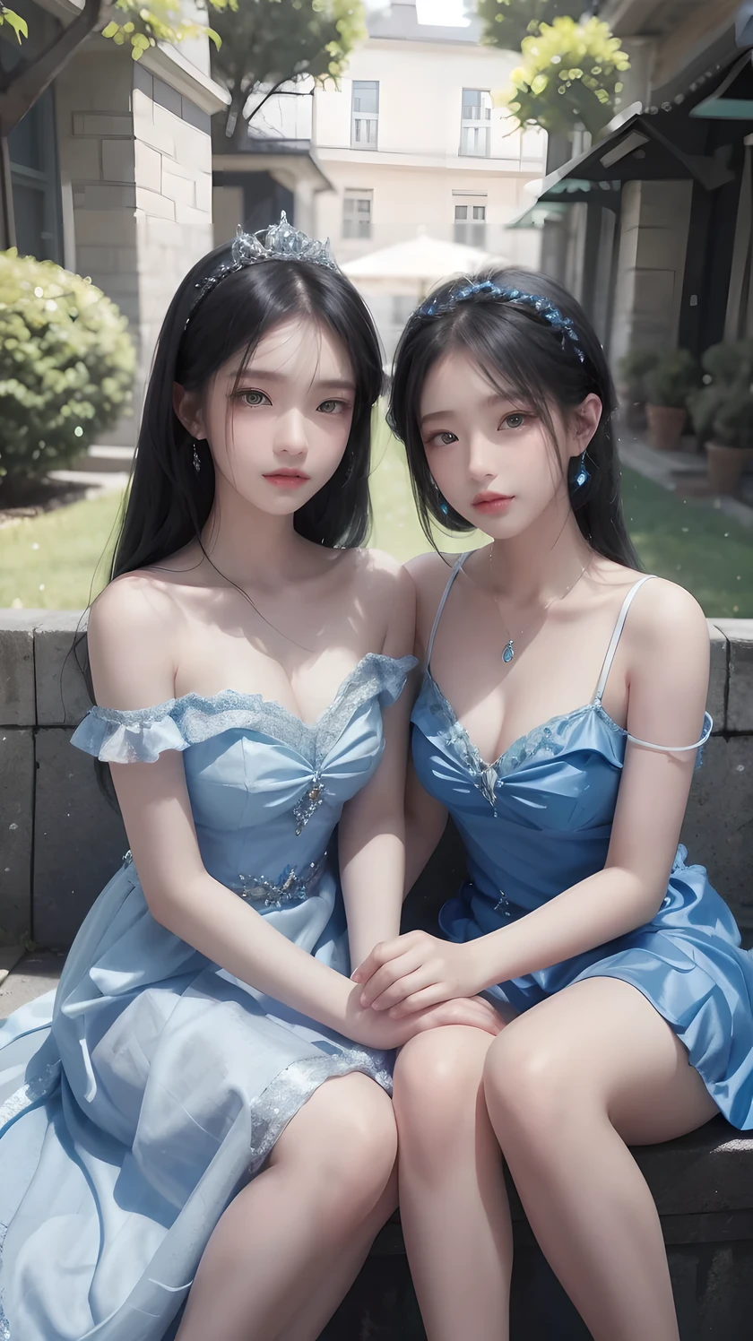 Girls in blue dresses pose for a photo, Happy birthday