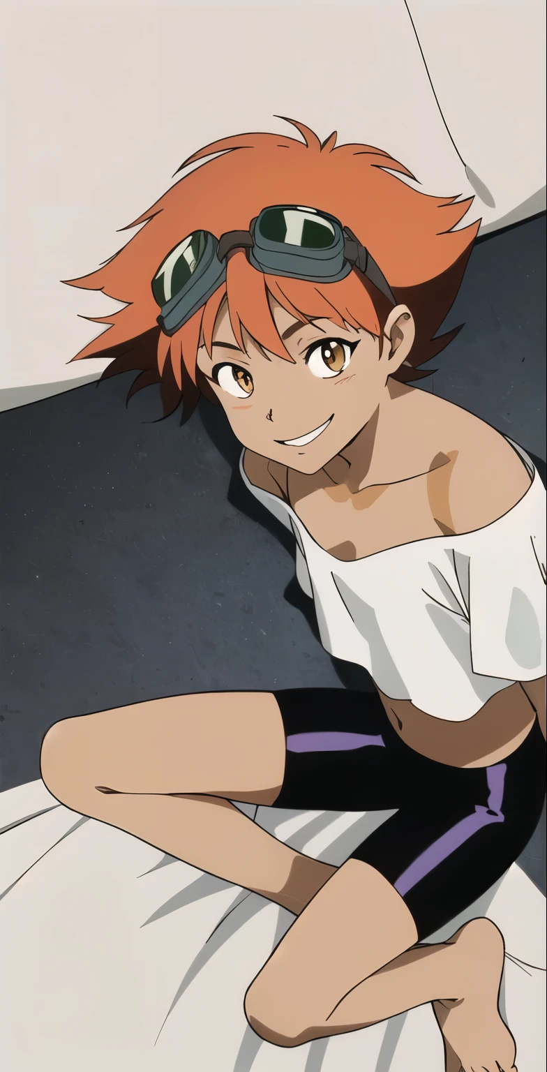 Edward, midriff, orange hair, blush stickers, (tanned skin) (white loose shirt), off shoulder, bike shorts, brown eyes, goggles on head, smile, sitting in ruined city, bare feet, full body, looking at viewer (insanely detailed, beautiful detailed face, masterpiece, best quality ,