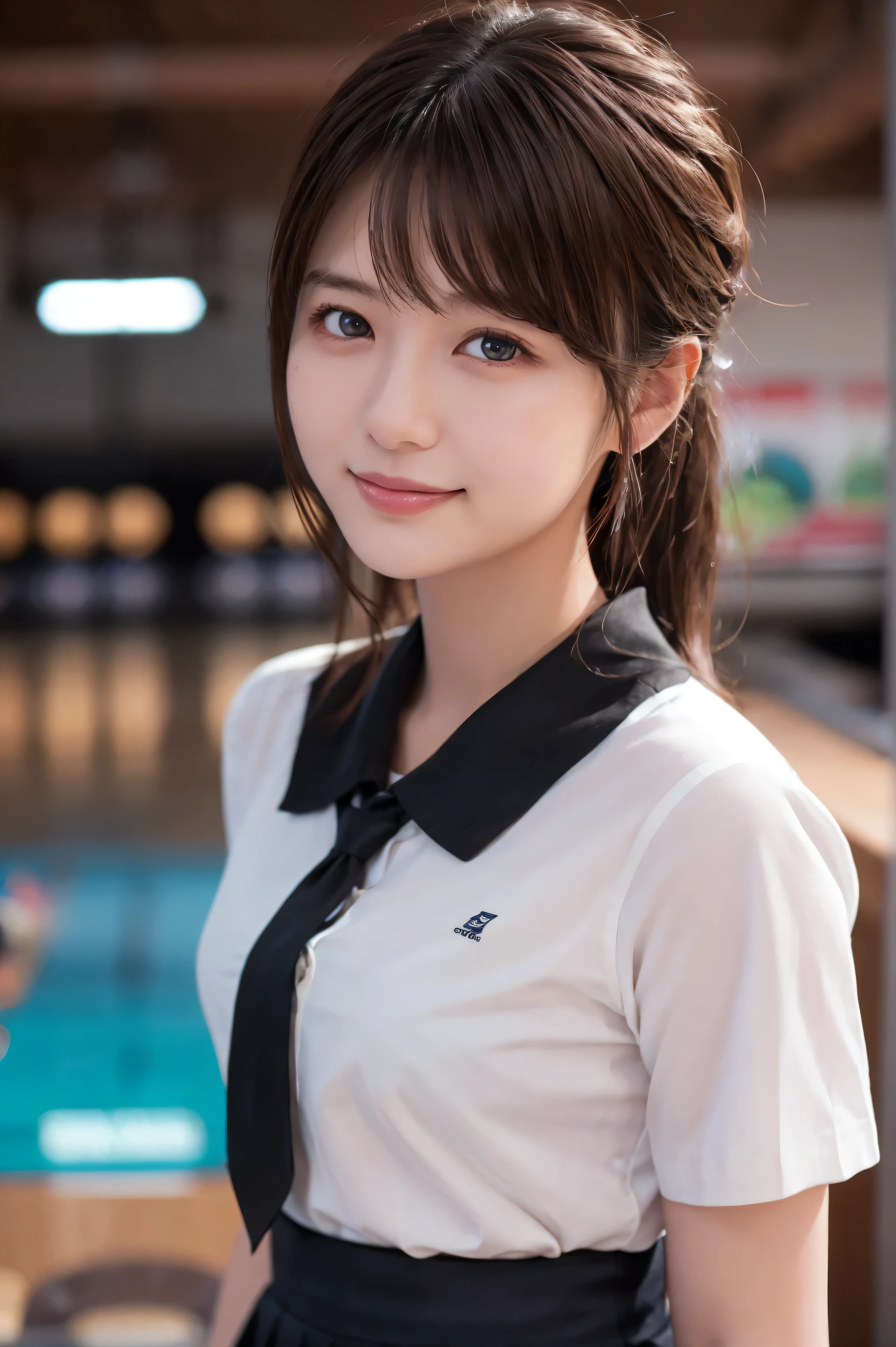 1 girl,{{JPB logo shirt、Pro Bowler、Drooling eyes、Droopy eyes、Tie your hair up}}、I have a black bowling ball、bowling alley、Snapshot in front of the lane、 {{Super clear and delicate blue eyes}}、(Wear a black bowling shirt and a black skirt :1.2), (RAW Photos, highest qualそれy), (Realistic, Realistic:1.4), Tabletop, Very delicate and beautiful, Very detailed, 2k wallpaper, wonderful, finely, Very detailed CG Unlimited 8K wallpaper, Very detailed, High resolution, Soft Light, Beautiful detailed girl, Very detailed目と顔, Beautiful and sophisticated nose, Finely beautiful eyes, Cinema Lighting, Perfect Anatomy, Slender body, Was nervous, 
Straight semi-long hair, bangs, Looking at the audience, smile