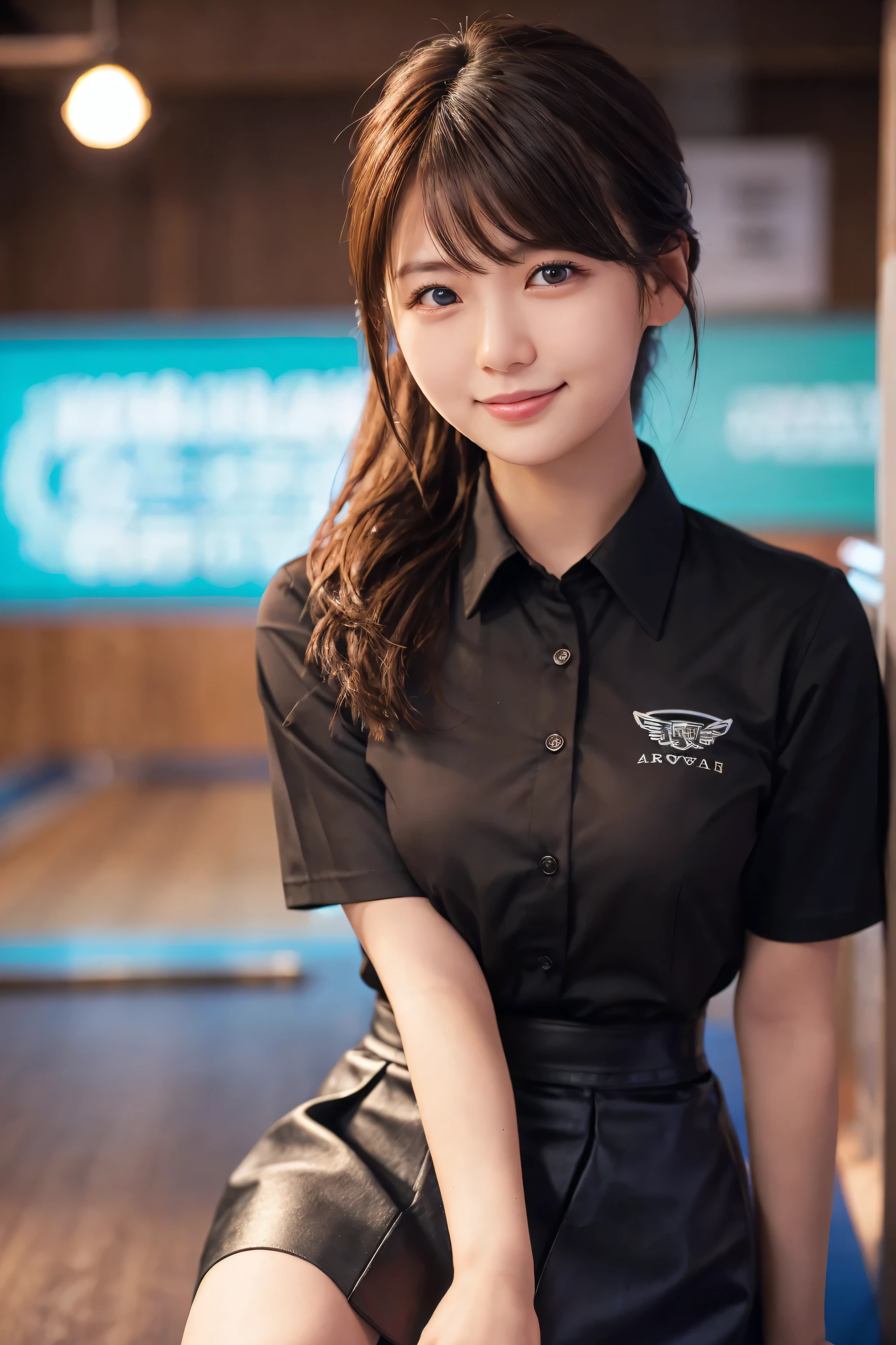 1 girl,{{JPB logo shirt、Pro Bowler、Drooling eyes、Droopy eyes、Tie your hair up}}、I have a black bowling ball、bowling alley、Snapshot in front of the lane、 {{Super clear and delicate blue eyes}}、(Wear a black bowling shirt and a black skirt :1.2), (RAW Photos, highest qualそれy), (Realistic, Realistic:1.4), Tabletop, Very delicate and beautiful, Very detailed, 2k wallpaper, wonderful, finely, Very detailed CG Unlimited 8K wallpaper, Very detailed, High resolution, Soft Light, Beautiful detailed girl, Very detailed目と顔, Beautiful and sophisticated nose, Finely beautiful eyes, Cinema Lighting, Perfect Anatomy, Slender body, Was nervous,
Straight semi-long hair, bangs, Looking at the audience, smile
