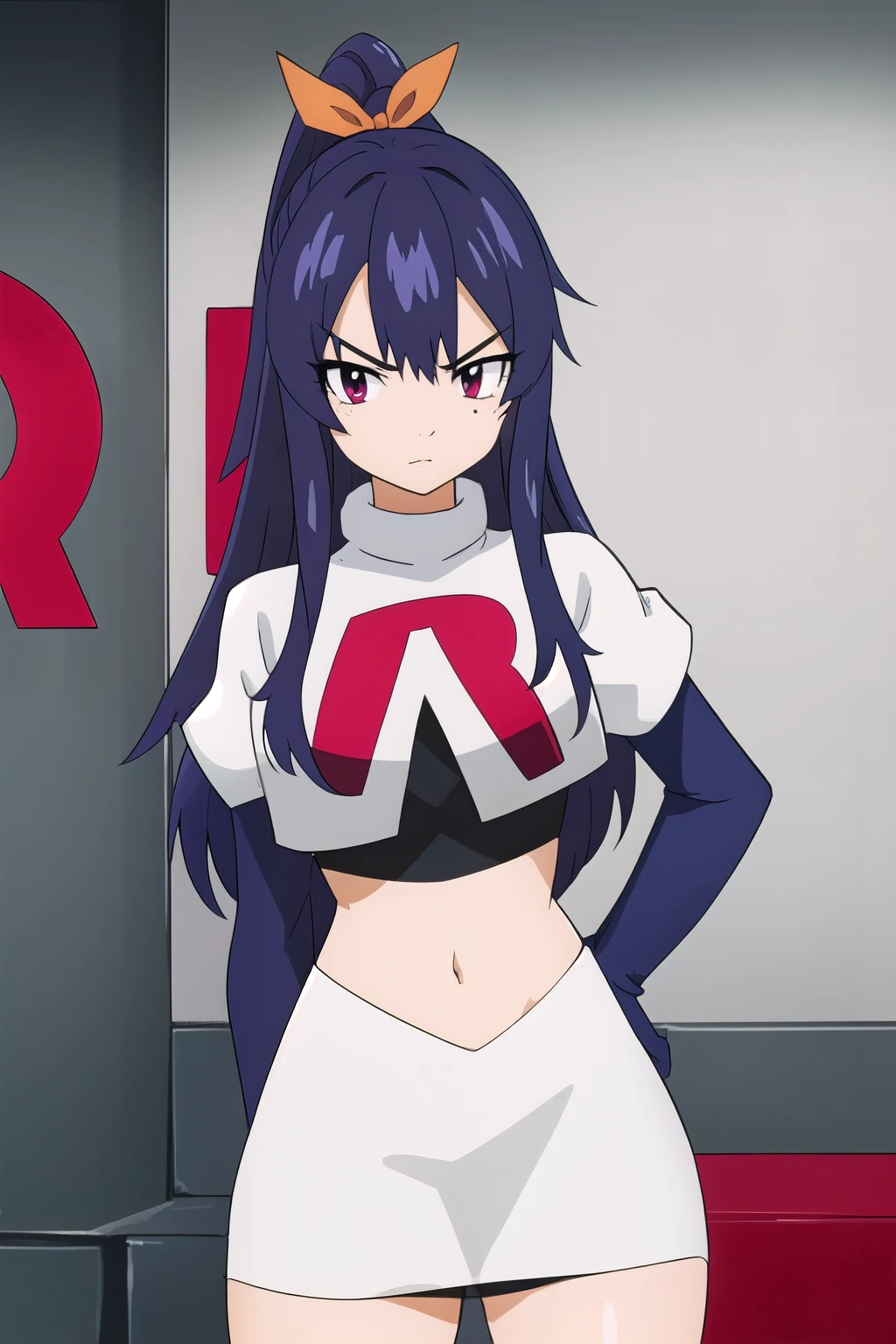 masterpiece, best quality, highly detailed, highres, hdr, extremely detailed illustration, detailed face, homurakougetsu, 1girl, solo, bow, ribbon, blue hair, hair ribbon, ponytail, purple hair, v-shaped eyebrows, team rocket,team rocket uniform,white skirt,red letter R,crop top,black thigh-highs