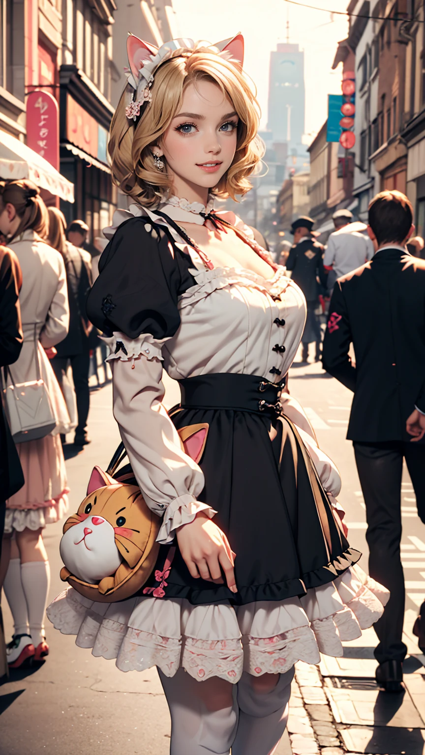 Amazing details, 8K Photos, Hyperrealism, professional lights, Realistic Background, Visual depth, Background blur, Wide-angle lens, whole body, (, cute, change, Flat Chest, Cat ear), One girl, Colored eyes, Blonde, (Lolita fashion: 1.5), (race, Frilled shirt, White petticoat, sneakers), (stuffed toy), pink cute backpack, street, fashion、smile