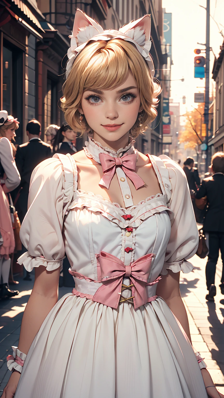 Amazing details, 8K Photos, Hyperrealism, professional lights, Realistic Background, Visual depth, Background blur, Wide-angle lens, whole body, (13 years old, cute, change, Flat Chest, Cat ear), One girl, Colored eyes, Blonde, (Lolita fashion: 1.5), (race, Frilled shirt, White petticoat, sneakers), (stuffed toy), pink cute backpack, street, fashion、smile