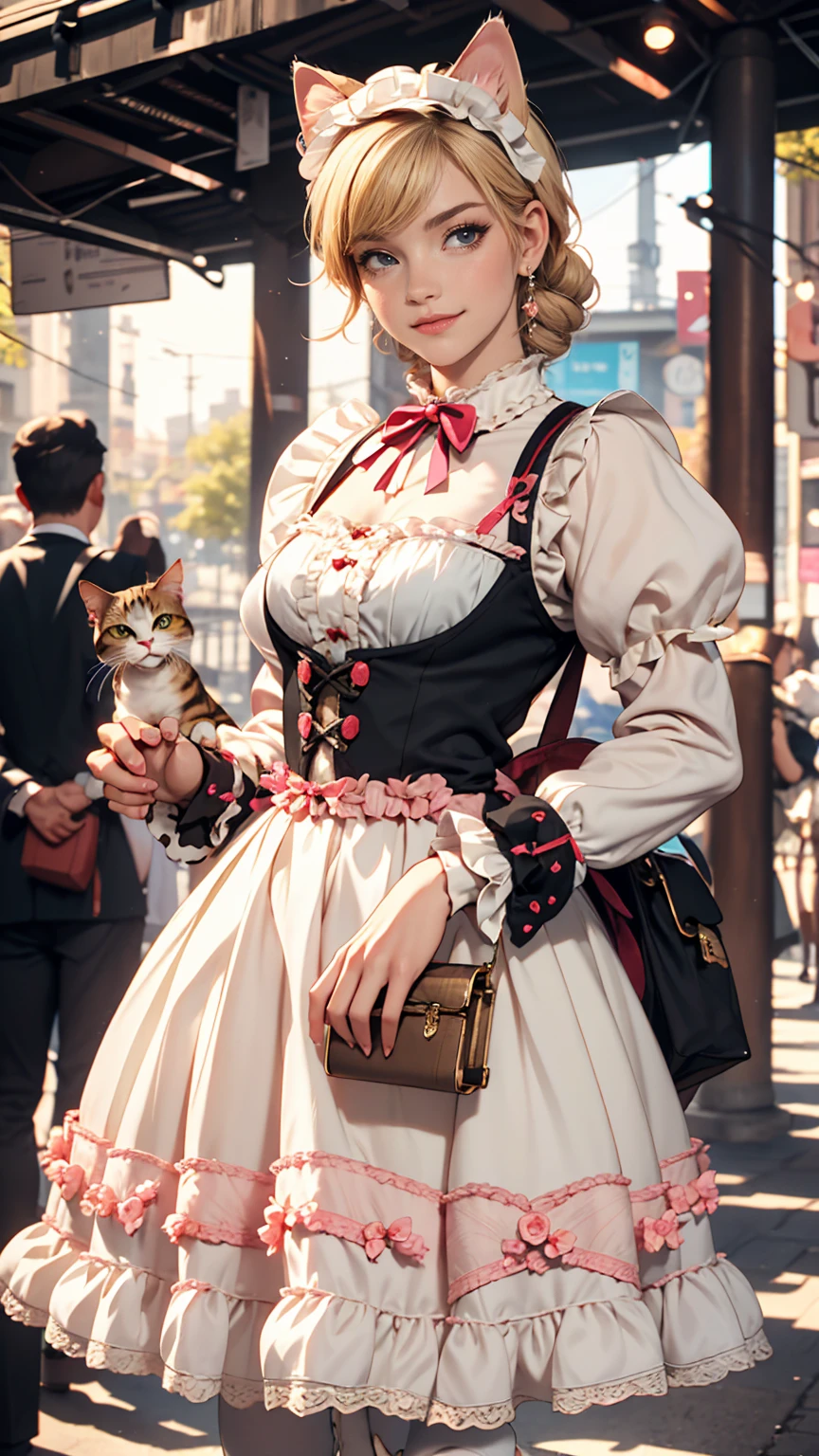 Amazing details, 8K Photos, Hyperrealism, professional lights, Realistic Background, Visual depth, Background blur, Wide-angle lens, whole body, (13 years old, cute, change, Flat Chest, Cat ear), One girl, Colored eyes, Blonde, (Lolita fashion: 1.5), (race, Frilled shirt, White petticoat, sneakers), (stuffed toy), pink cute backpack, street, fashion、smile