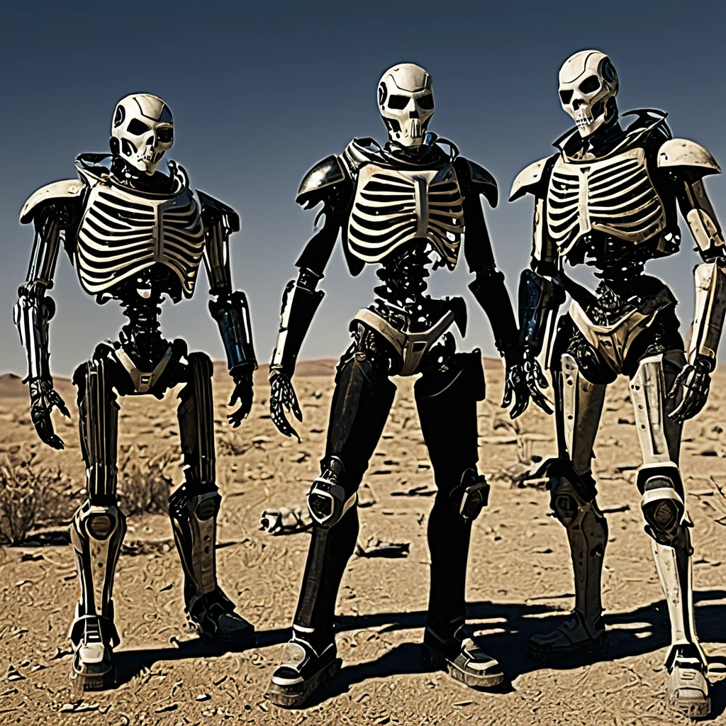 A group of humanoid mutants (inspired by random animals), wearing wasteland piecemeal outfits, study a human skeleton and derelict robo armor in a wasteland