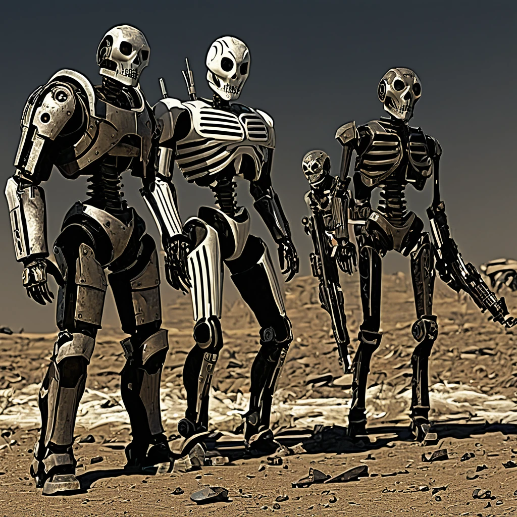 A group of humanoid mutants (inspired by random animals), wearing wasteland piecemeal outfits, study a human skeleton and derelict robo armor in a wasteland