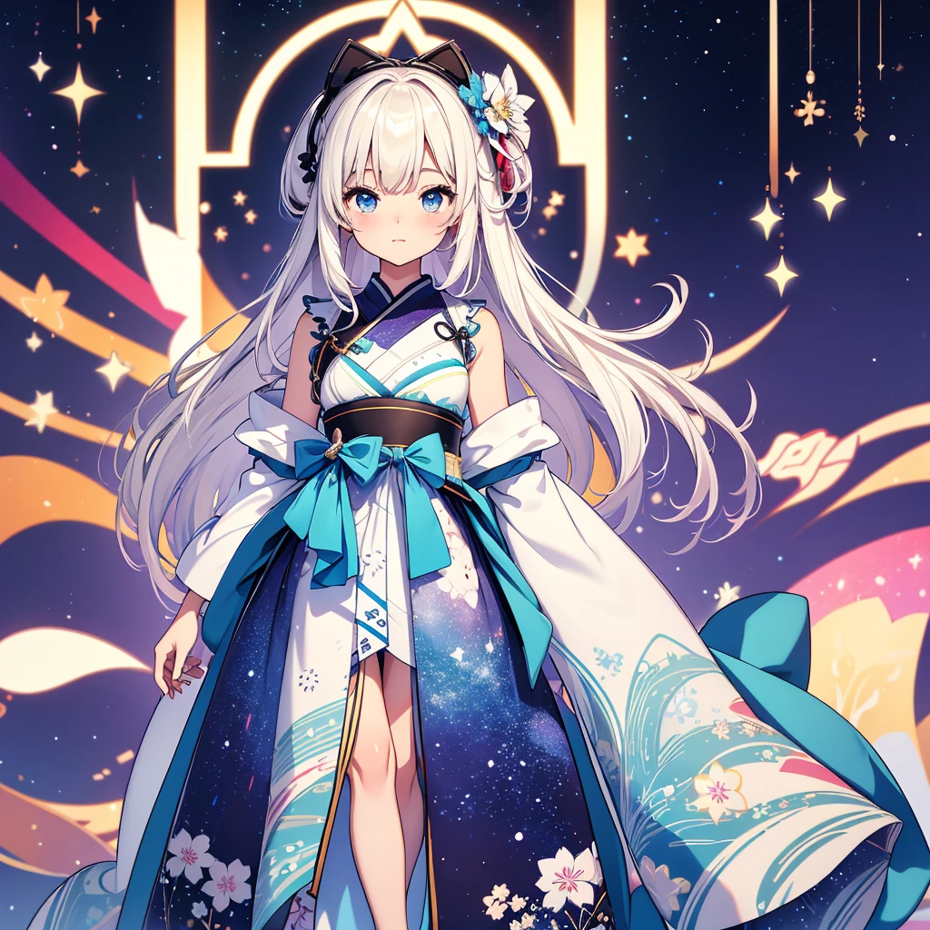 vtuber-halfbody、standing strait、super high quality、masterpiece、muste piece、1 girl, Milky white smooth long hair　blue gradation、 full body、A mini dress that is a remake of a galaxy-patterned yukata.、shoulder-length、 Waiting to start