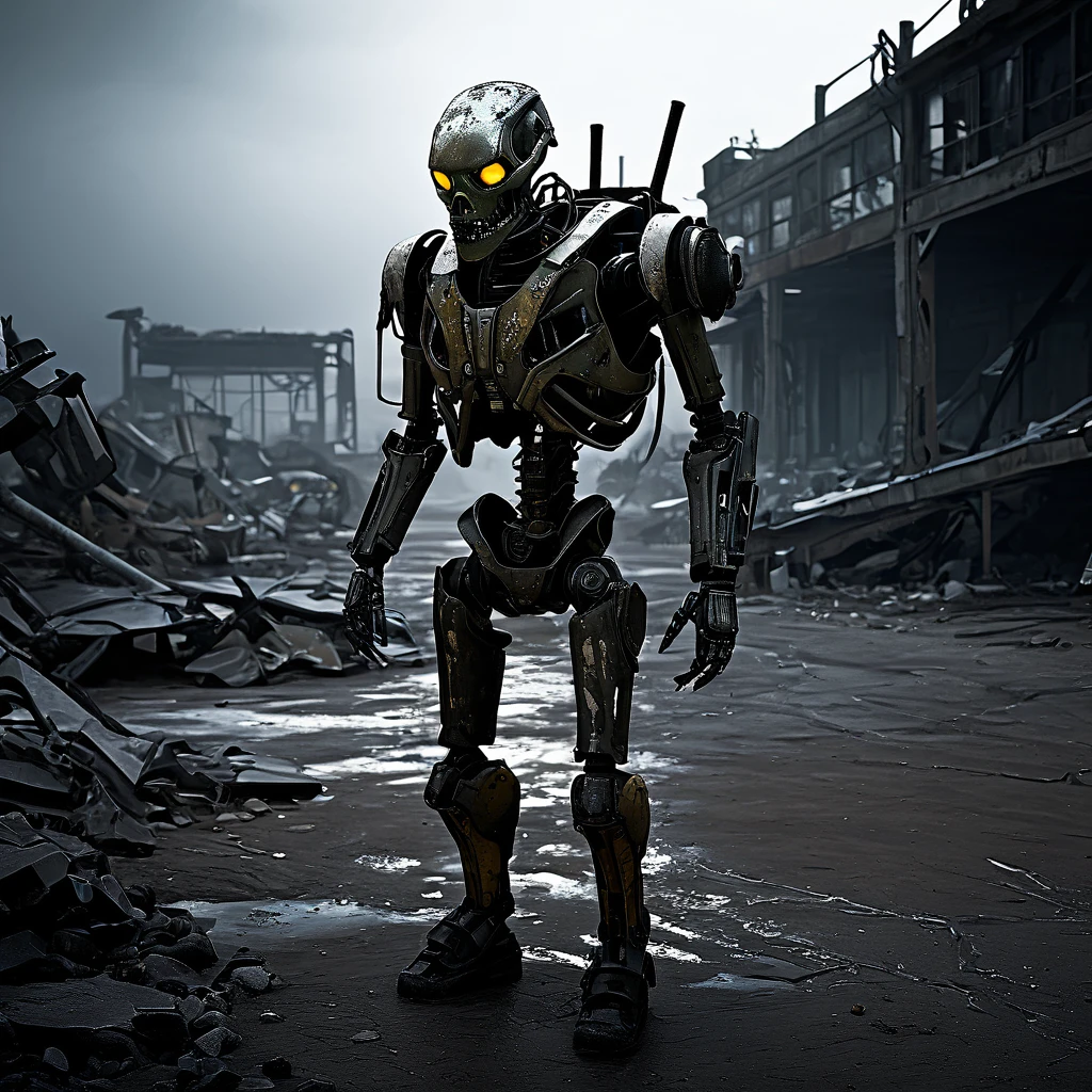 (best quality, highres, ultra-detailed:1.2), (realistic, photorealistic:1.37), humanoid mutants (inspired by random animals), wasteland piecemeal outfits, studying human skeleton and derelict robo armor, wasteland surroundings, post-apocalyptic atmosphere, mutated features, sharp teeth, glowing eyes, various animal characteristics, tattered clothing, rusty metal, cracked bones, decaying machinery, abandoned buildings, dusty landscape, toxic air, eerie lighting, somber color palette, gritty texture