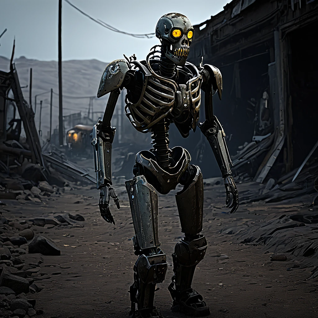 (best quality, highres, ultra-detailed:1.2), (realistic, photorealistic:1.37), humanoid mutants (inspired by random animals), wasteland piecemeal outfits, studying human skeleton and derelict robo armor, wasteland surroundings, post-apocalyptic atmosphere, mutated features, sharp teeth, glowing eyes, various animal characteristics, tattered clothing, rusty metal, cracked bones, decaying machinery, abandoned buildings, dusty landscape, toxic air, eerie lighting, somber color palette, gritty texture