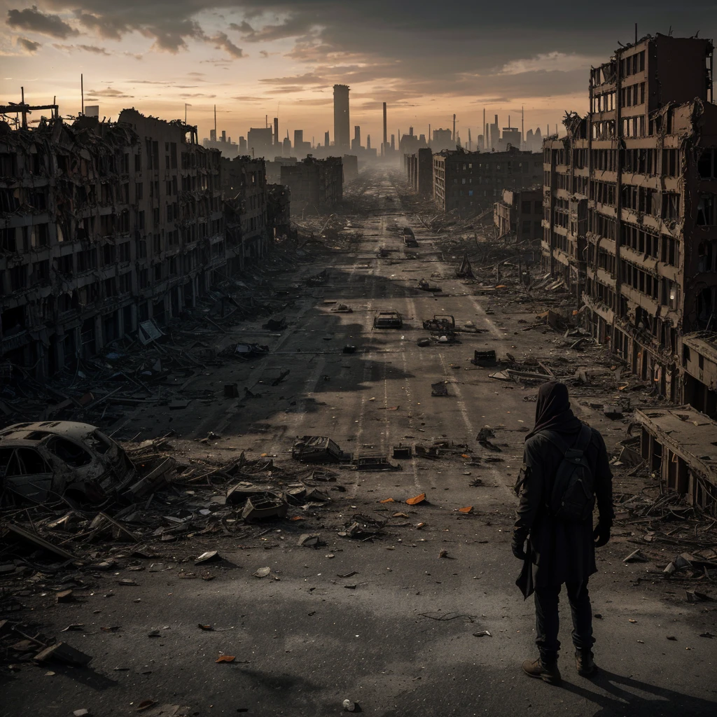 (best quality,4k,8k,highres,masterpiece:1.2),ultra-detailed,(realistic,photorealistic,photo-realistic:1.37),desolate,broken buildings,crumbling cityscape,abandoned vehicles,withered trees,dusty atmosphere,scorched ground,mysterious haze,dilapidated structures,dusty roads,overgrown vines,unforgiving barren landscape,darkened sky with hints of orange and purple,remnants of civilization,ominous silence,apocalyptic ruins,lonely figures wandering,dystopian future,bleak horizon,ruined infrastructure,faded billboard signs,echoes of the past,collapsed bridges,harsh winds sweeping through,the remains of a destroyed society,shattered glass,dramatic lighting,scattered debris,sole survivor searching for hope in a desolate world,decayed metal,destruction everywhere,survival against all odds,metropolis turned into ghost town,lost memories,industrial ruins,haunting atmosphere,infinite solitude,jagged edges and sharp angles,abandoned factories,post-apocalyptic aftermath,forlorn landscapes.