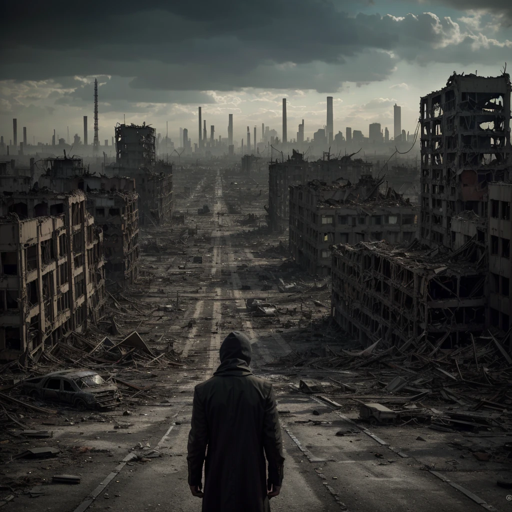 (best quality,4k,8k,highres,masterpiece:1.2),ultra-detailed,(realistic,photorealistic,photo-realistic:1.37),desolate,broken buildings,crumbling cityscape,abandoned vehicles,withered trees,dusty atmosphere,scorched ground,mysterious haze,dilapidated structures,dusty roads,overgrown vines,unforgiving barren landscape,darkened sky with hints of orange and purple,remnants of civilization,ominous silence,apocalyptic ruins,lonely figures wandering,dystopian future,bleak horizon,ruined infrastructure,faded billboard signs,echoes of the past,collapsed bridges,harsh winds sweeping through,the remains of a destroyed society,shattered glass,dramatic lighting,scattered debris,sole survivor searching for hope in a desolate world,decayed metal,destruction everywhere,survival against all odds,metropolis turned into ghost town,lost memories,industrial ruins,haunting atmosphere,infinite solitude,jagged edges and sharp angles,abandoned factories,post-apocalyptic aftermath,forlorn landscapes.