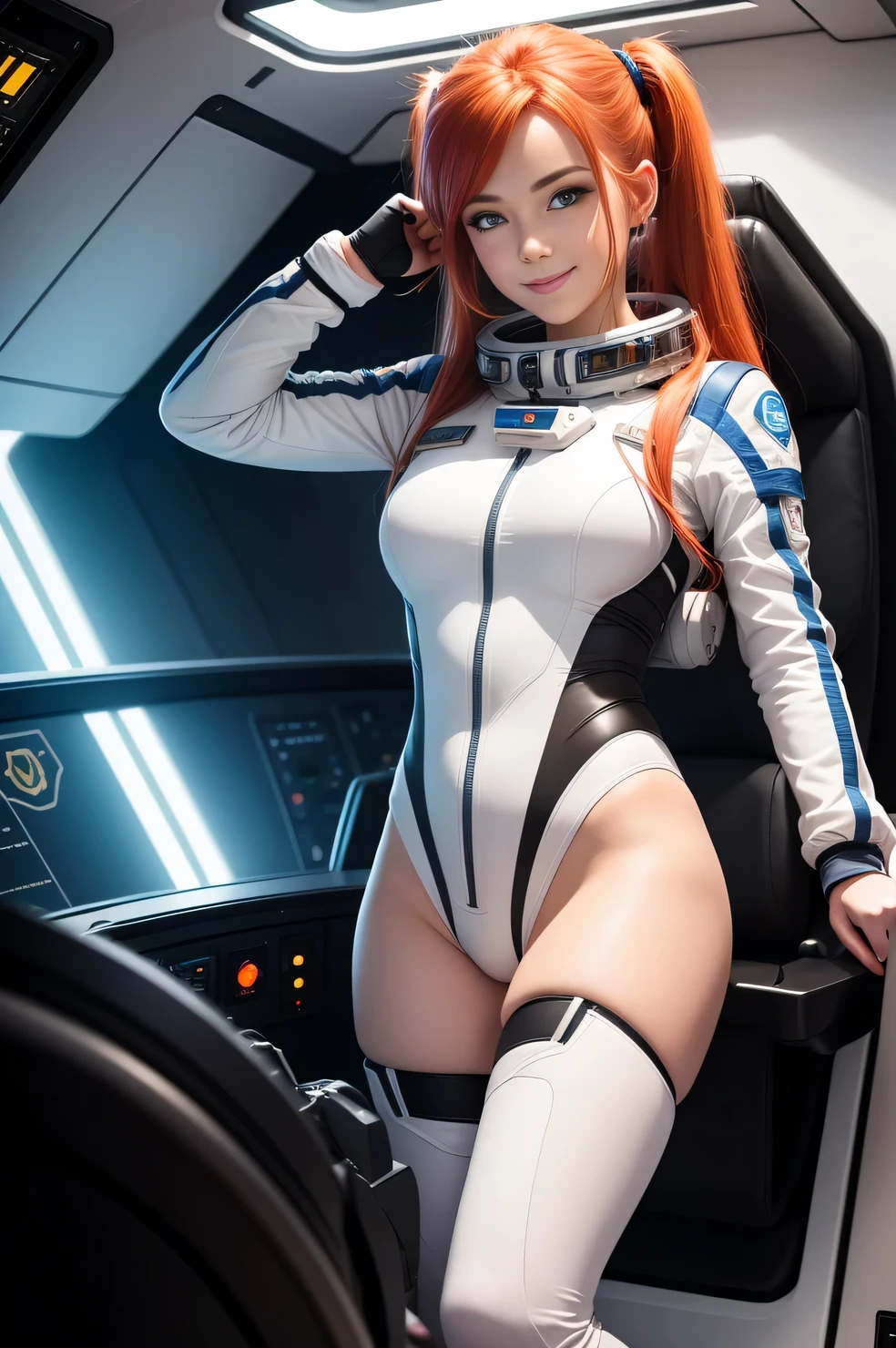 (overhead view) Cute redhead with rainbow colored hair tips, ribbons in her hair, 18-year-old woman, happy, smiling, in twin tails, perfect eyes, clear sparkling blue eyes, pale skin, silky smooth skin, flying a fancy metal luxurious space ship, futuristic cockpit, she's a pilot from Ireland, outer space seen in windows, dark warm lighting, futuristic astronaut suit, anatomically correct, full body, sexy, bare bottom, Best quality, high detailed, Masterpiece, Cinematic Lighting, 4K