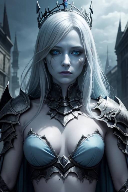 Pale blue skinned, undead Queen, cracked skin, beautiful girl, chaotic armor,