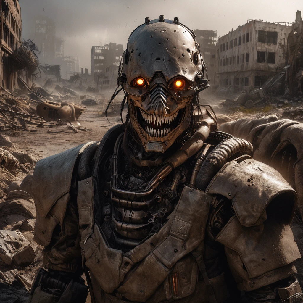 (best quality, highres, ultra-detailed:1.2), (realistic, photorealistic:1.37), humanoid mutants (inspired by random animals), wasteland piecemeal outfits, studying human skeleton and derelict robo armor, wasteland surroundings, post-apocalyptic atmosphere, mutated features, sharp teeth, glowing eyes, various animal characteristics, tattered clothing, rusty metal, cracked bones, decaying machinery, abandoned buildings, dusty landscape, toxic air, eerie lighting, somber color palette, gritty texture
