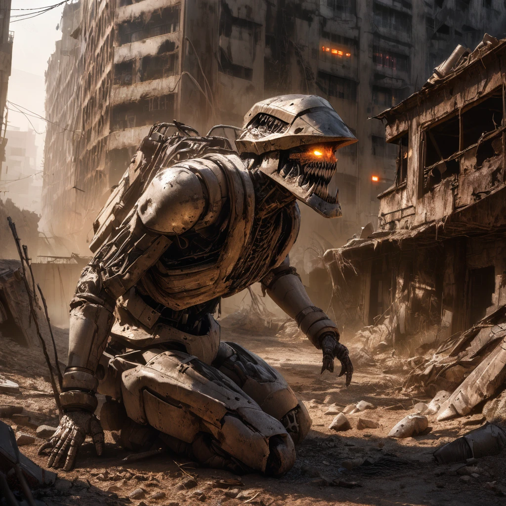 (best quality, highres, ultra-detailed:1.2), (realistic, photorealistic:1.37), humanoid mutants (inspired by random animals), wasteland piecemeal outfits, studying human skeleton and derelict robo armor, wasteland surroundings, post-apocalyptic atmosphere, mutated features, sharp teeth, glowing eyes, various animal characteristics, tattered clothing, rusty metal, cracked bones, decaying machinery, abandoned buildings, dusty landscape, toxic air, eerie lighting, somber color palette, gritty texture