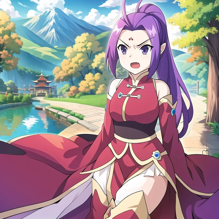 masterpiece, best quality:1.2), 1girl, ,Very long ponytail,Mountain,forest,solo,get angry,angry,中国architecture、water、outdoor、architecture、Sky、Sky、Trees、solo、东亚architecture、cloud、bridge
