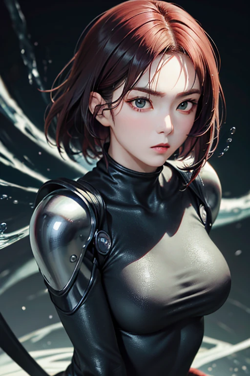 (Finest quality)),(超A high resolution),(ultra-detailled art),(Meticulous portrayal),((Best Anime)),(Finest works of art),sharpness,Clair,Ultra-Precision Art,The art of astounding depiction, (Female Ninja in the Dark:1.3), red hair, extremely detailed hair, short hair, bangs, beautiful eyes, detailed eyes, perfect eyes, double eyelid, green eyes, beautiful lips, soft lips, clear skin, soft skin, ninja outfit, looking at camera, pretty face, close up face, ninja armor, female ninja suit, reveal shoulders, show cleavage, korean girl, korean beauty, 24 years old, sexy, with water aura, water splash behind, green aura, healing power, healing aura, water power, armoured bra, bra suit, detailed face, fighting stance, serious face, holding a sword, slim body, ninja pose, attack pose,