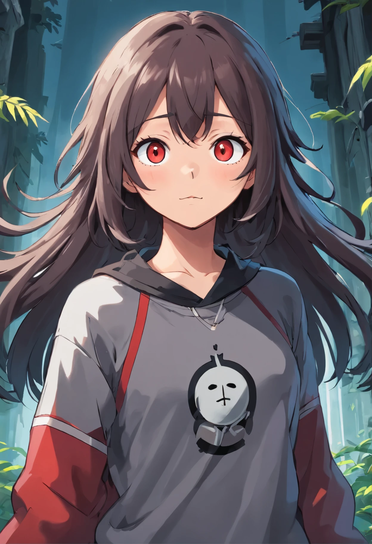 Chica de pelo negro corto, ojos rojos, sueter largo gris con rayas negras, cola de demonio negra, pose de modelo de cuerpo completo
