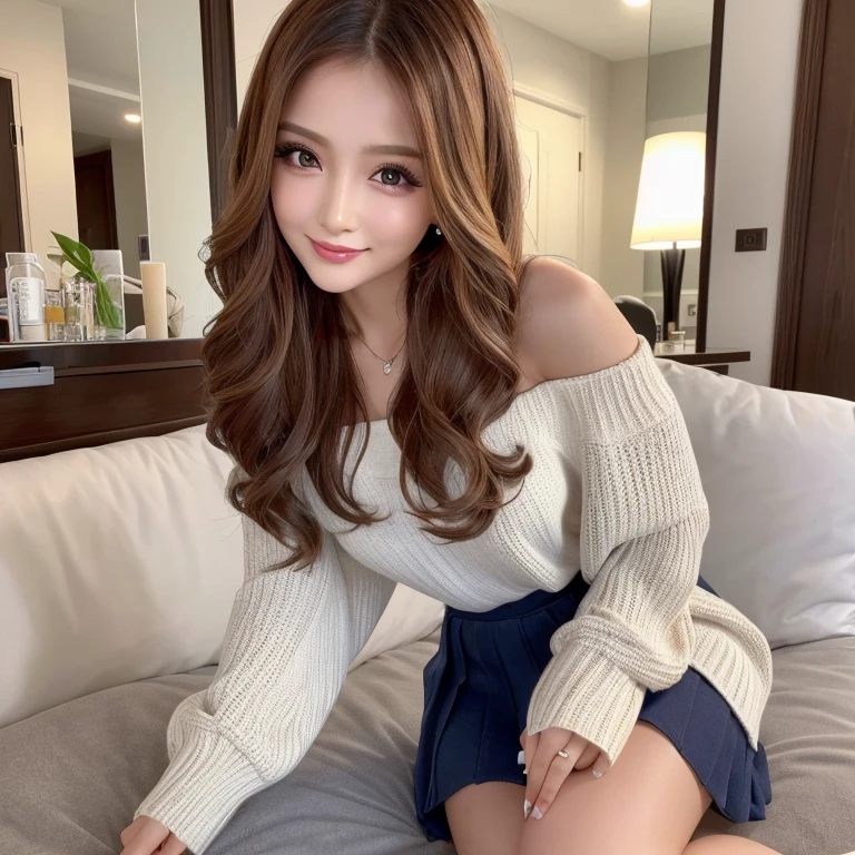 ((highest quality, Tabletop, Ultra-high resolution、The most complex and detailed depiction))、(Bright lighting:1.1)、(spring-like clothes)、(Beautiful woman:1.1)、(Long Wavy Hair:1.05), (Accurate anatomy:1.1)、Colored contact lenses、Perfect Makeup、Natural Lip、Highly saturated eyeshadow、A loose off-the-shoulder knit、Short skirt、blurred background, look at me and smile、Luxury Room、(Ultra-high resolution光沢, Fair skin:1.1)、Ultra-high resolutionの顔、Ultra-high resolutionの髪、Ultra-high resolution sparkling eyes、Ultra-high resolution glossy lips、(Brightly lit white skin:1.1)、Beautiful face drawn in every detail、Ultra-high resolution perfect beautiful teeth、(Bright and vivid:1.1), whole body、Beautiful legs